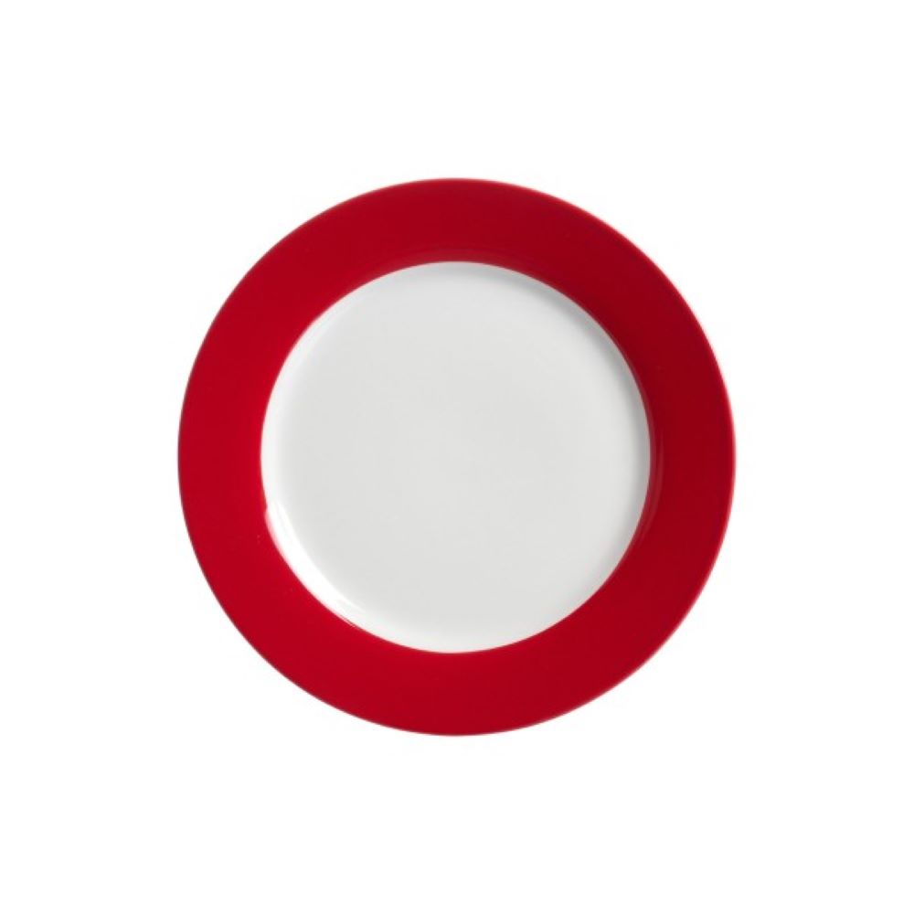 Doppio Frühstücksteller Rot, runder Porzellanteller im kontrastreichen Farbdesign Frühstücksteller mit weißer Innenfläche und breitem rotem Rand