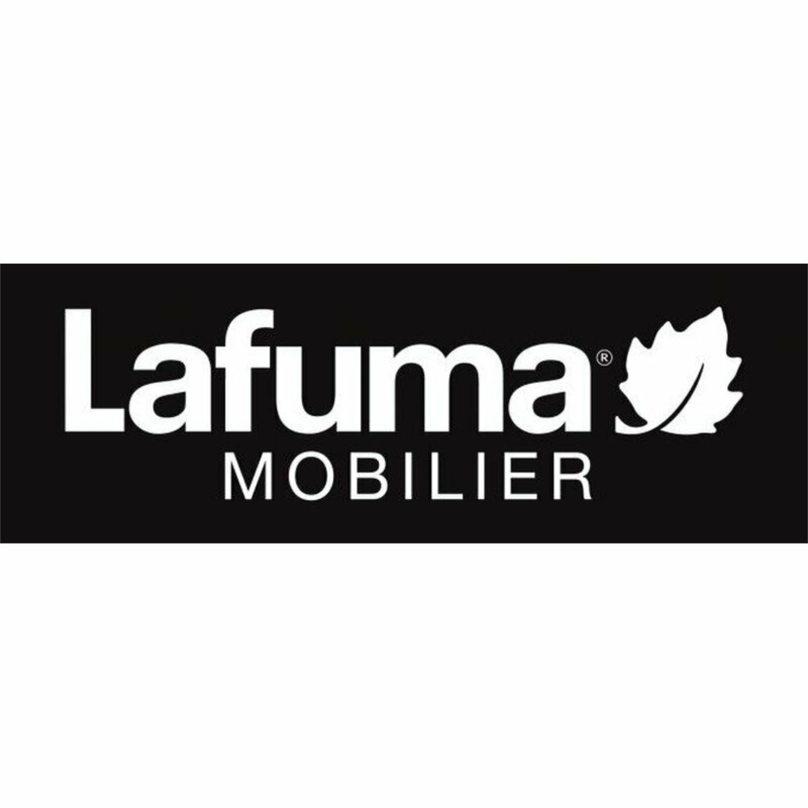 Lafuma MOBILIER Logo mit weißer Schrift und Blattgrafik auf schwarzem Hintergrund  zentriert dargestellt