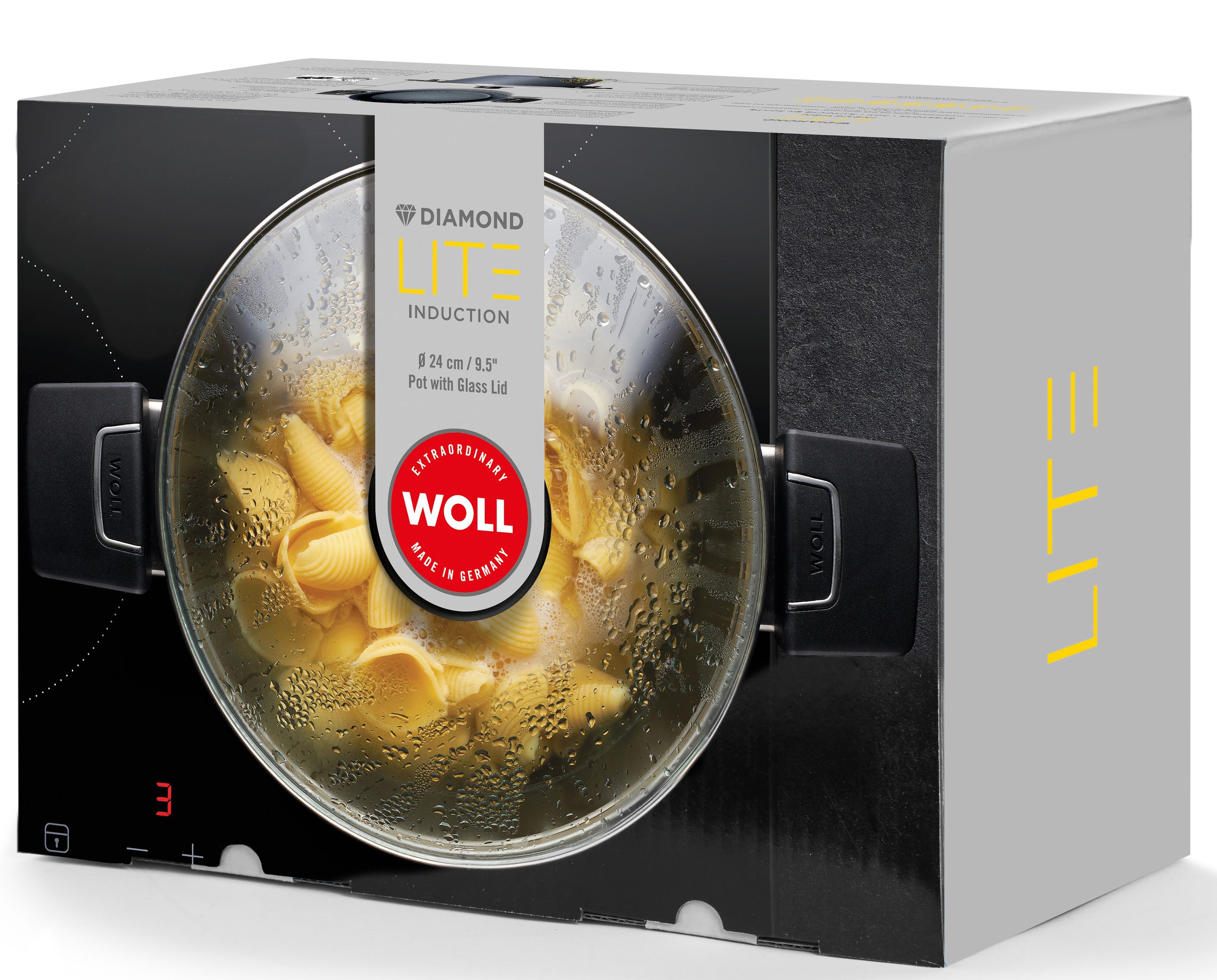 Frontalansicht einer Verpackung mit Abbildung eines schwarzen Kochtopfs mit Pasta Marken wie WOLL und Diamond Lite
