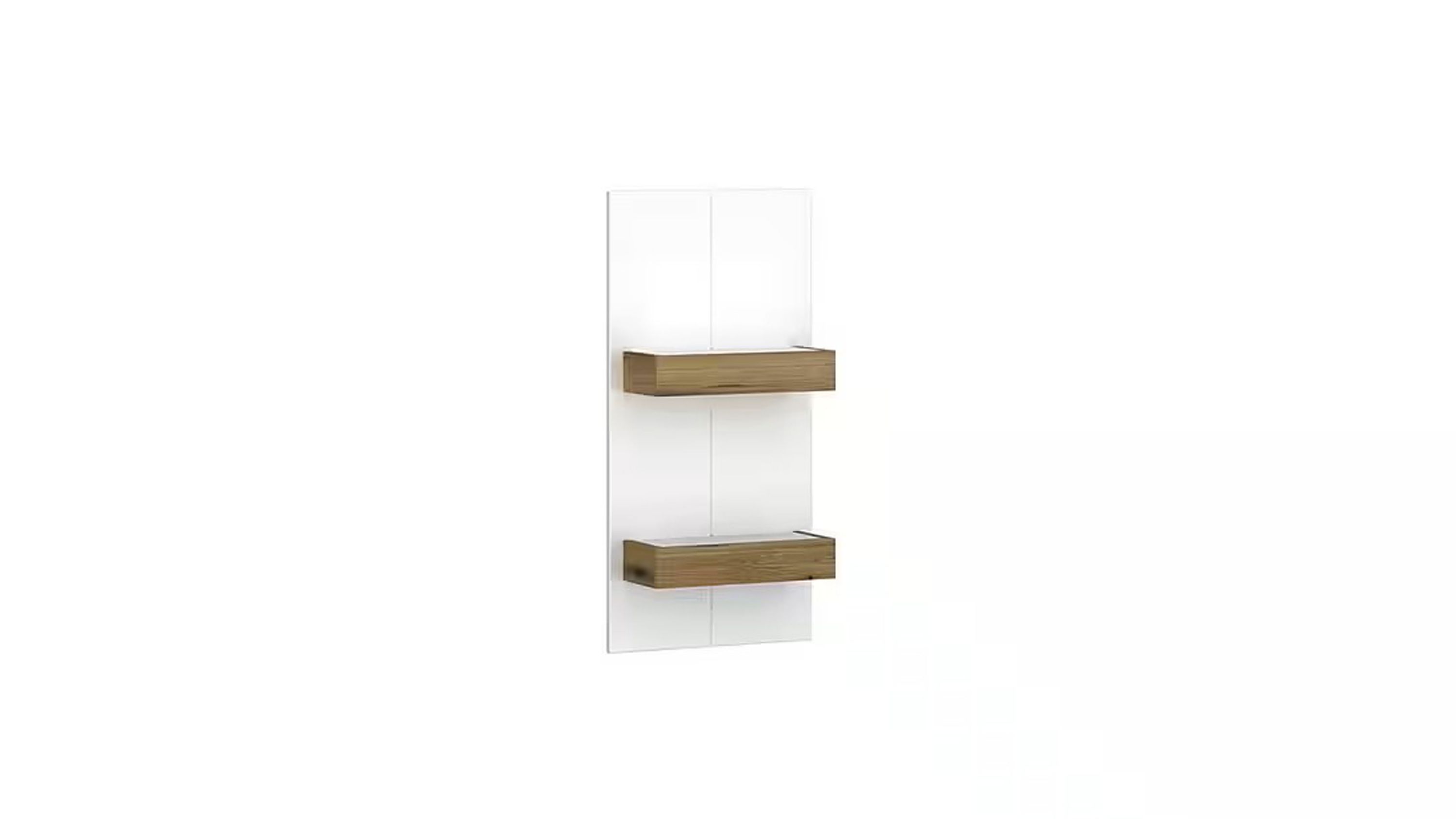 Wandregal mit zwei Ablagen in Holzoptik und weißem Rückwand Wandregal mit zwei rechteckigen Ablagen in Holzoptik auf weißem Hintergrund