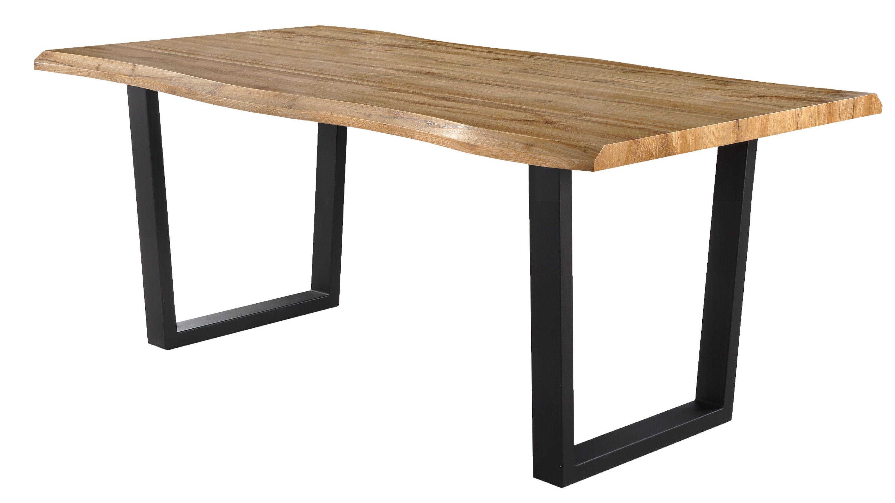 Esstisch mit Holzplatte und schwarzen Metallbeinen Rechteckiger Esstisch mit naturfarbener Holzplatte und schwarzen rechteckigen Metallbeinen