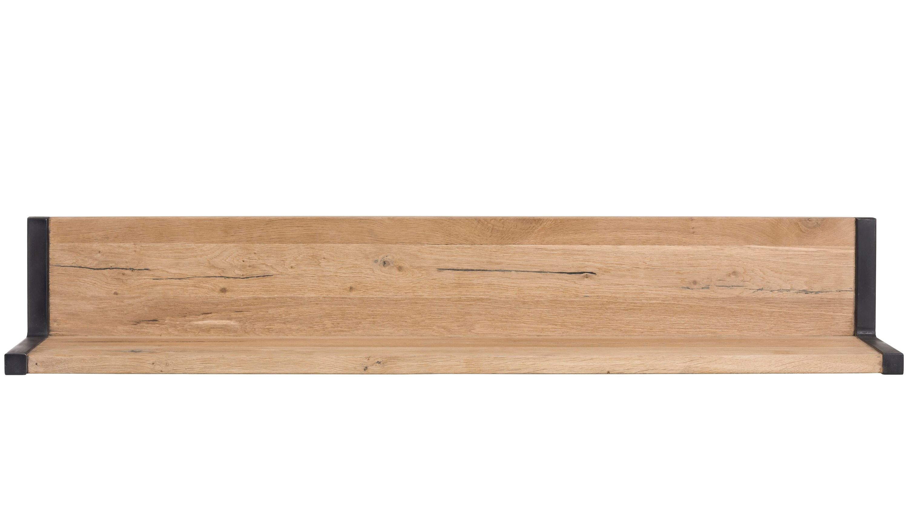 Wandregal mit braunem Holzfurnier und Metallwinkeln Rechteckiges Wandregal mit braunem Holzfurnier und schwarzen Metallwinkeln an den Enden
