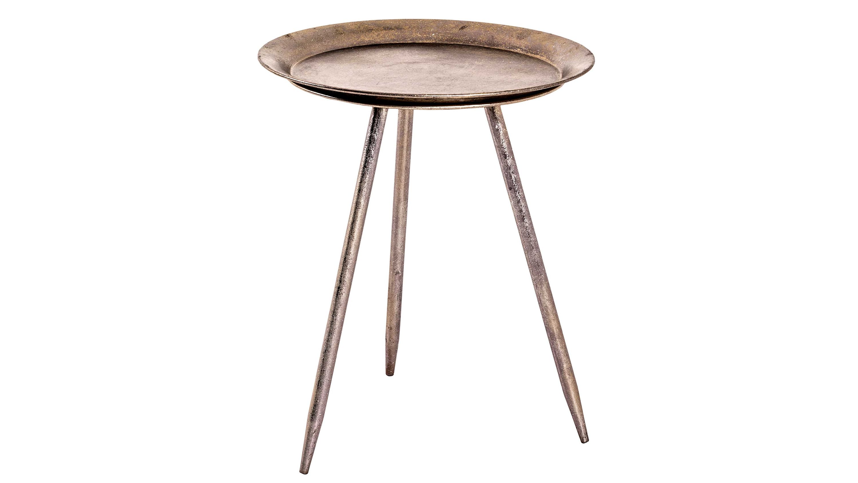 Runder Beistelltisch mit drei schlanken Beinen in antikbronze Farbe