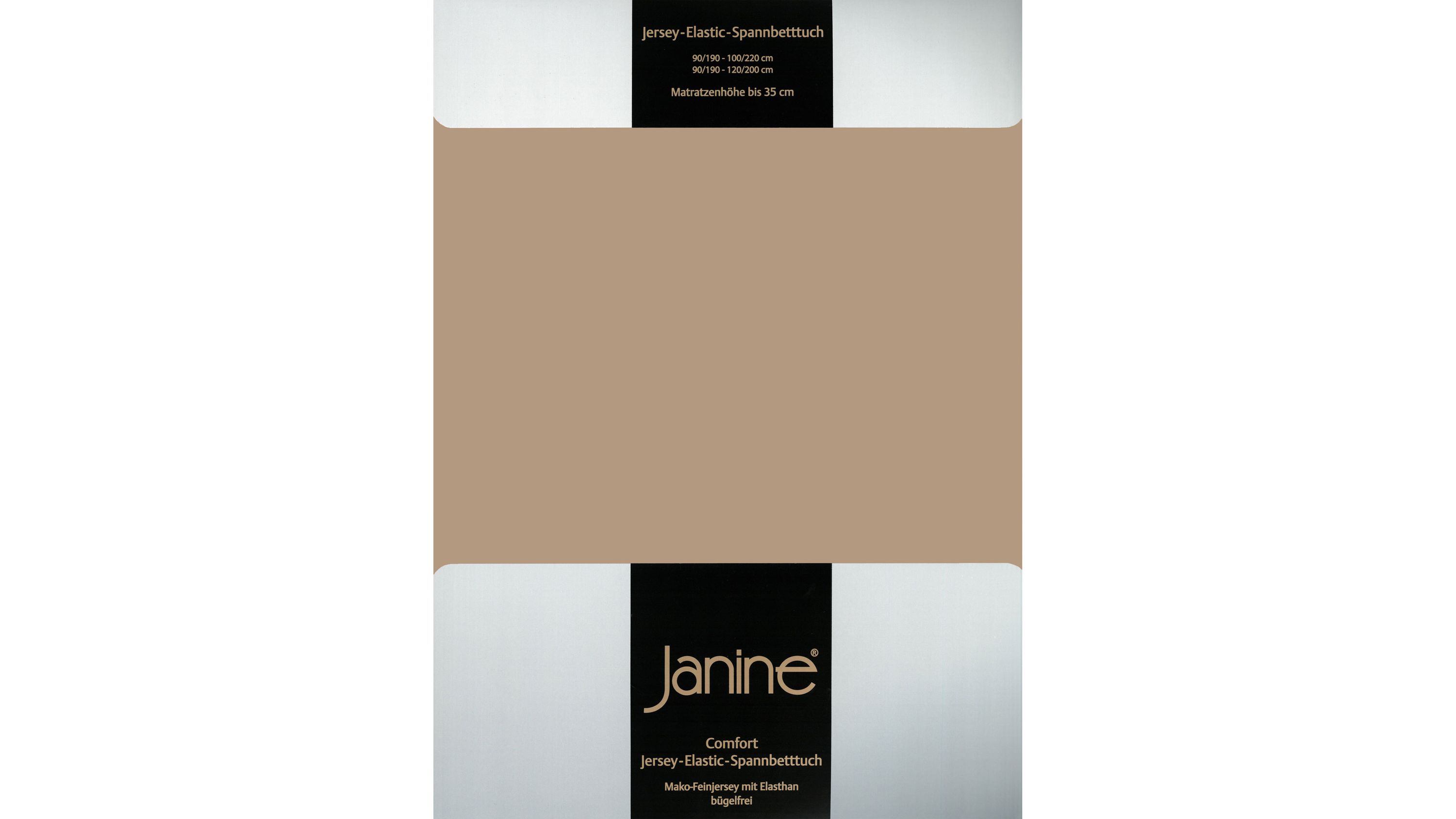 Spannbettlaken in beiger Farbe mit Verpackung und Aufschrift Janine