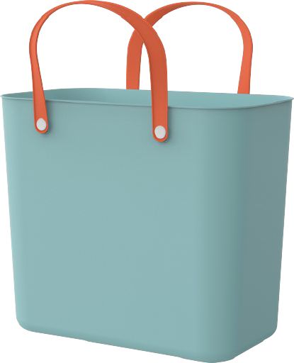 Rechteckige Tasche in blau mit zwei orangefarbenen Tragegriffen