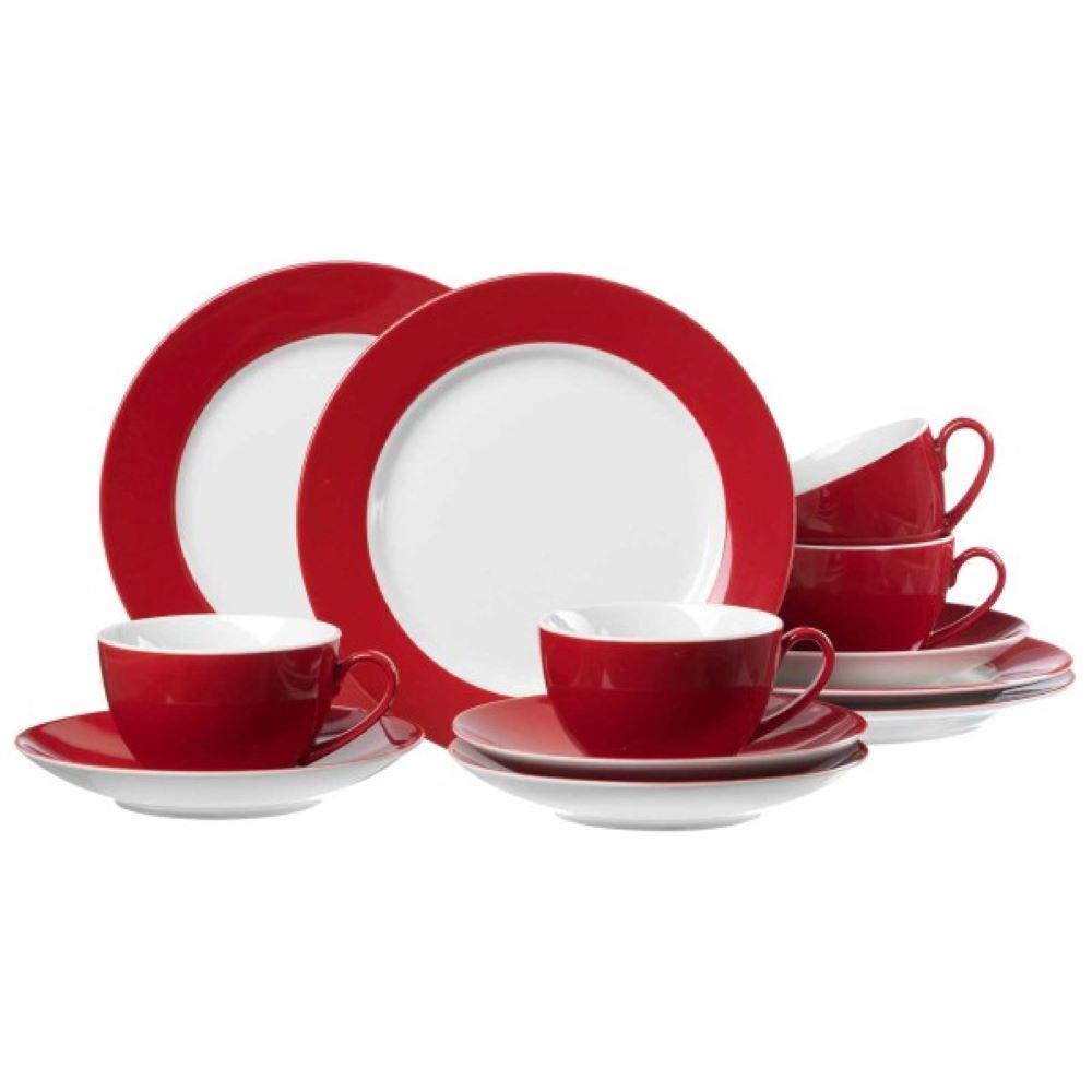 Rot-weißes 12-teiliges Kaffeeservice mit Kaffeetassen  Untertassen und Frühstückstellern