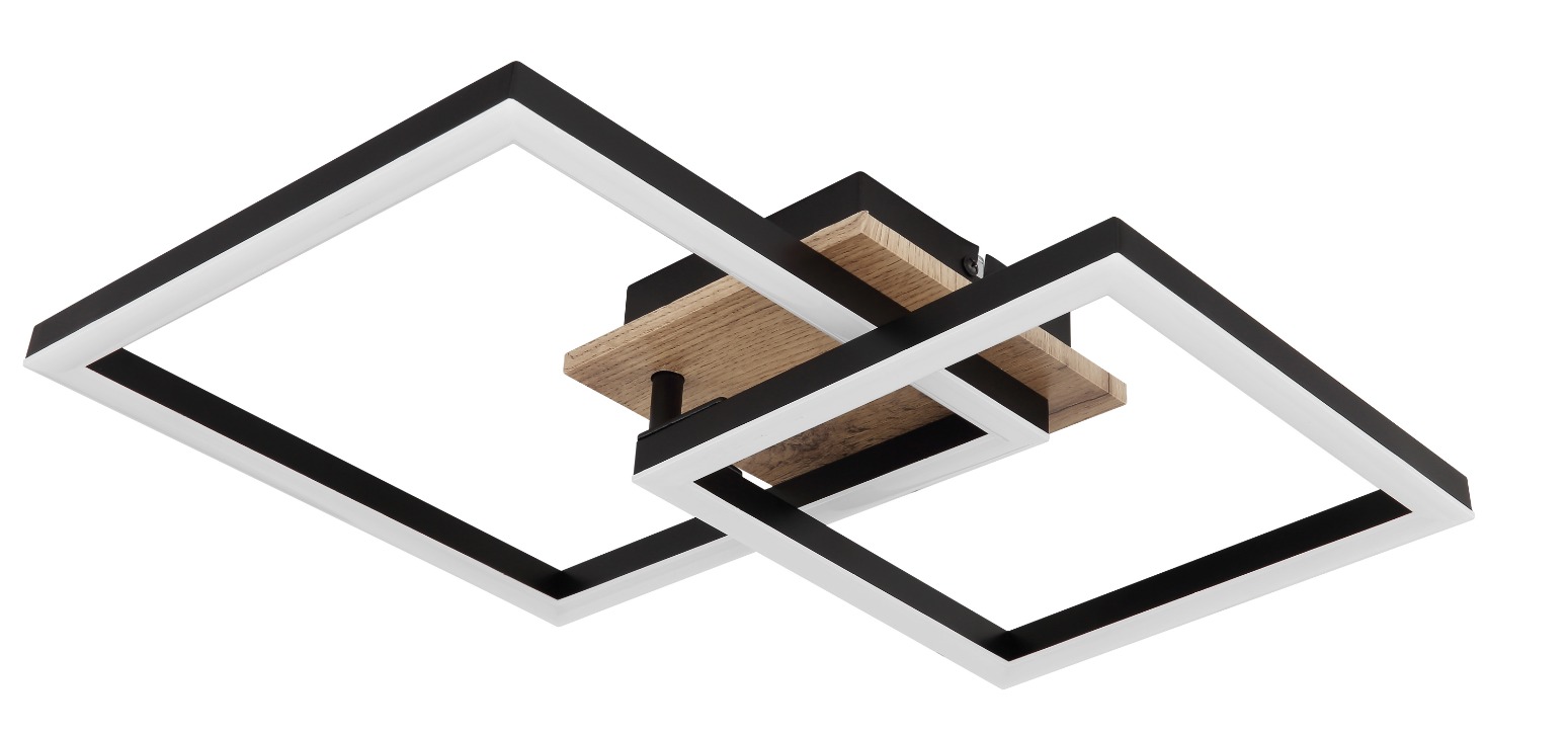 Quadratische LED-Deckenleuchte mit Holzdetail Moderne Deckenleuchte mit zwei Quadratrahmen, von schräg unten aufgenommen, Holzhalterung sichtbar
