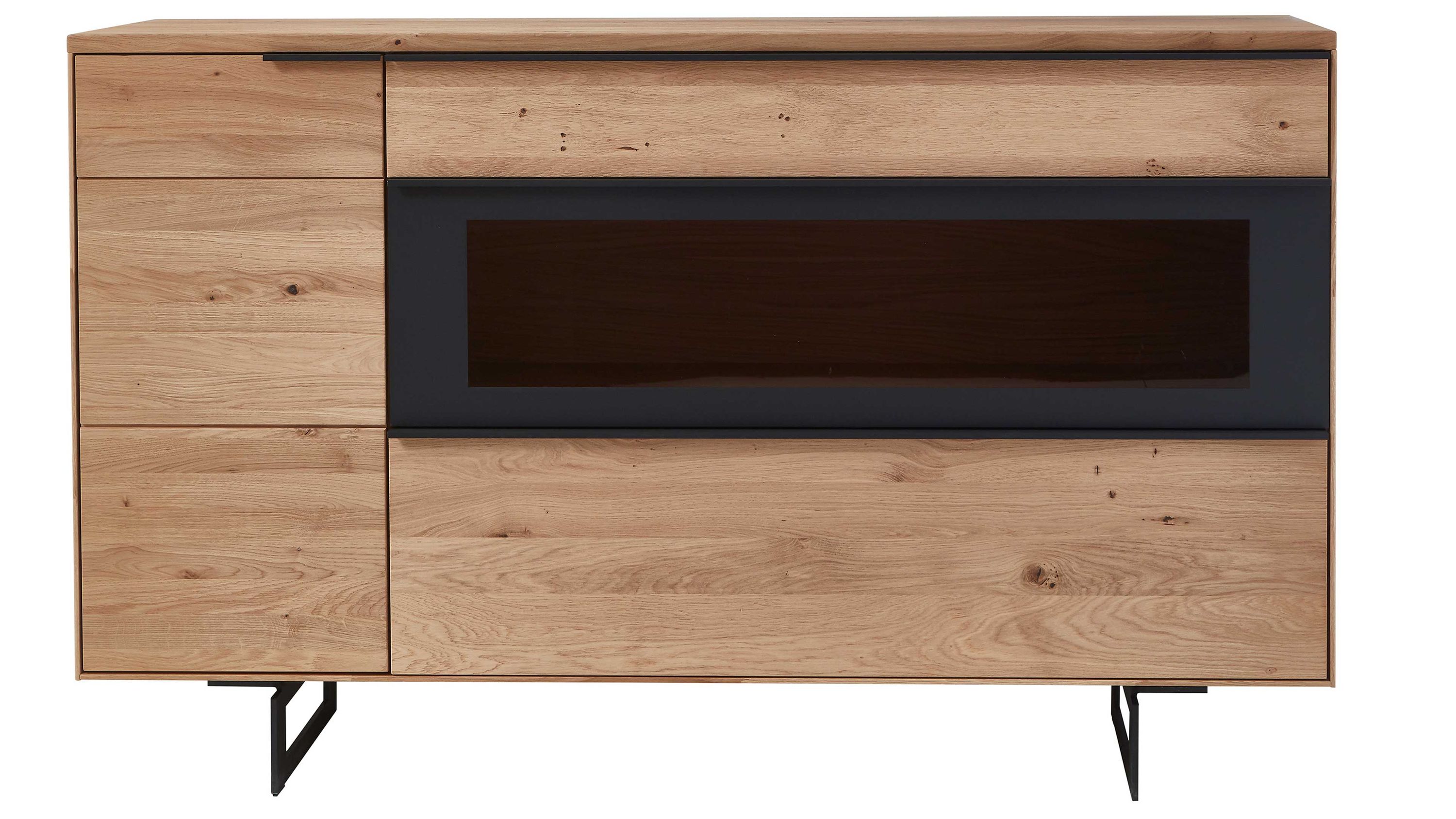 Sideboard mit Türen Schubladen und mittlerem Fach in Holzoptik Sideboard mit zwei Türen zwei Schubladen und mittlerem Fach mit dunkler Front in Holzoptik und schwarzen Metallbeinen