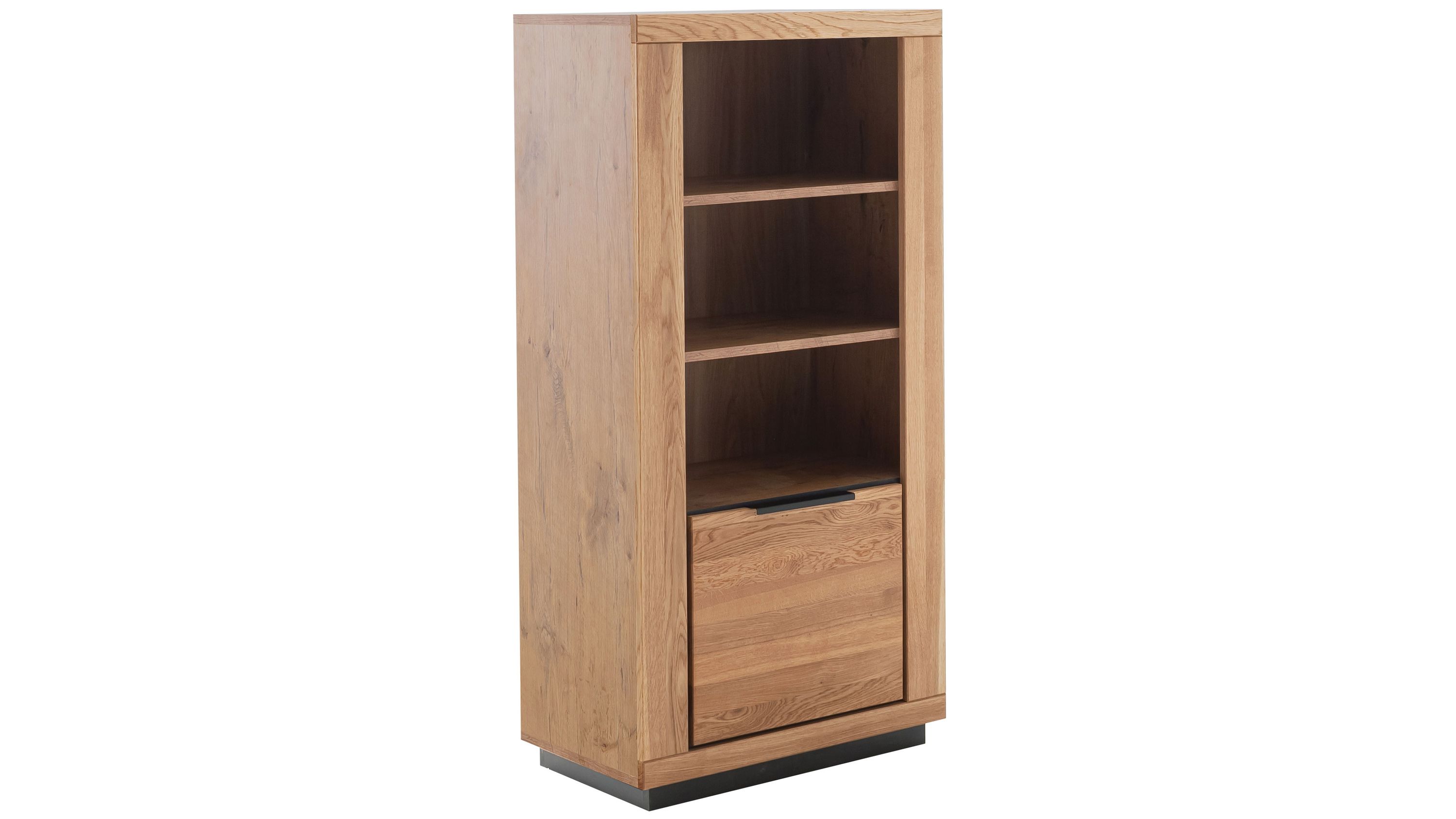 Regal mit drei Türen in Holzoptik Regal mit drei Türen in Holzoptik mit zwei offenen Fächern und einem schwarzen Sockel