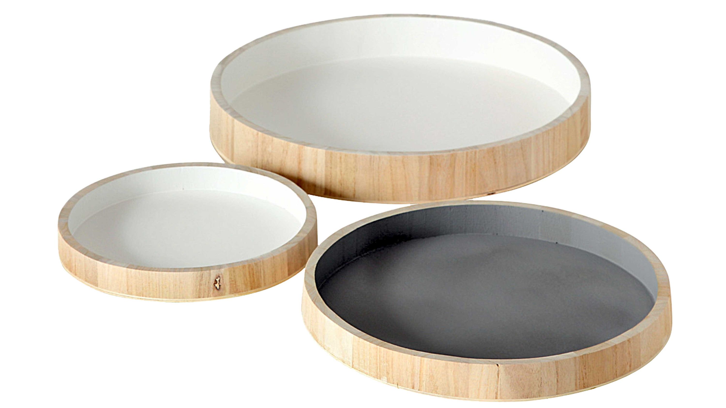 Dreiteiliges Tablett-Set mit runden Tabletts in weiß grau und naturfarben mit Holzrand