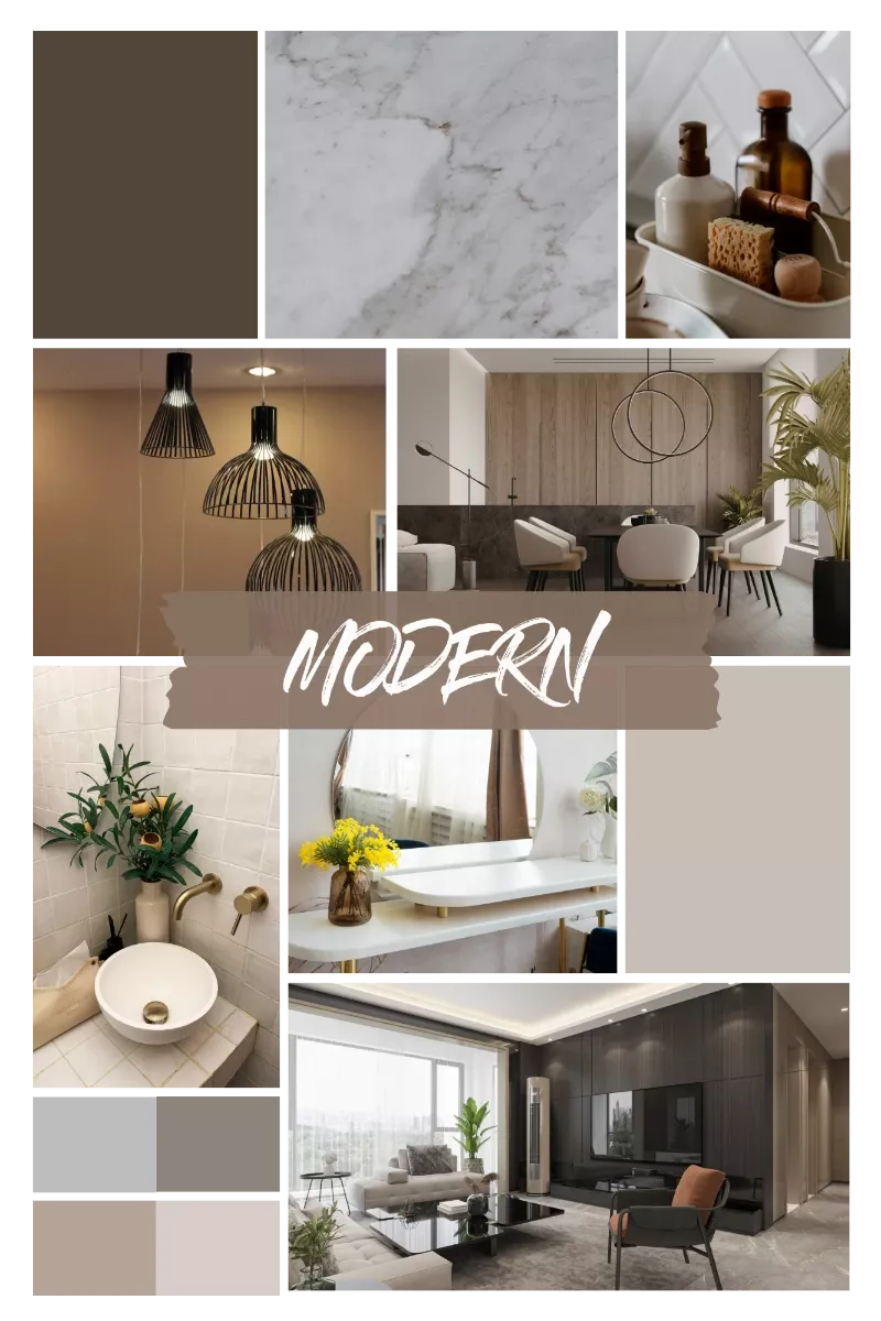 Collage im modernen Wohnstil mit minimalistischem Wohnzimmer, schwarzen Pendelleuchten, Marmoroberfläche, hellem Badezimmer mit runder Schale und neutraler Farbpalette in Beige, Grau und Weiß