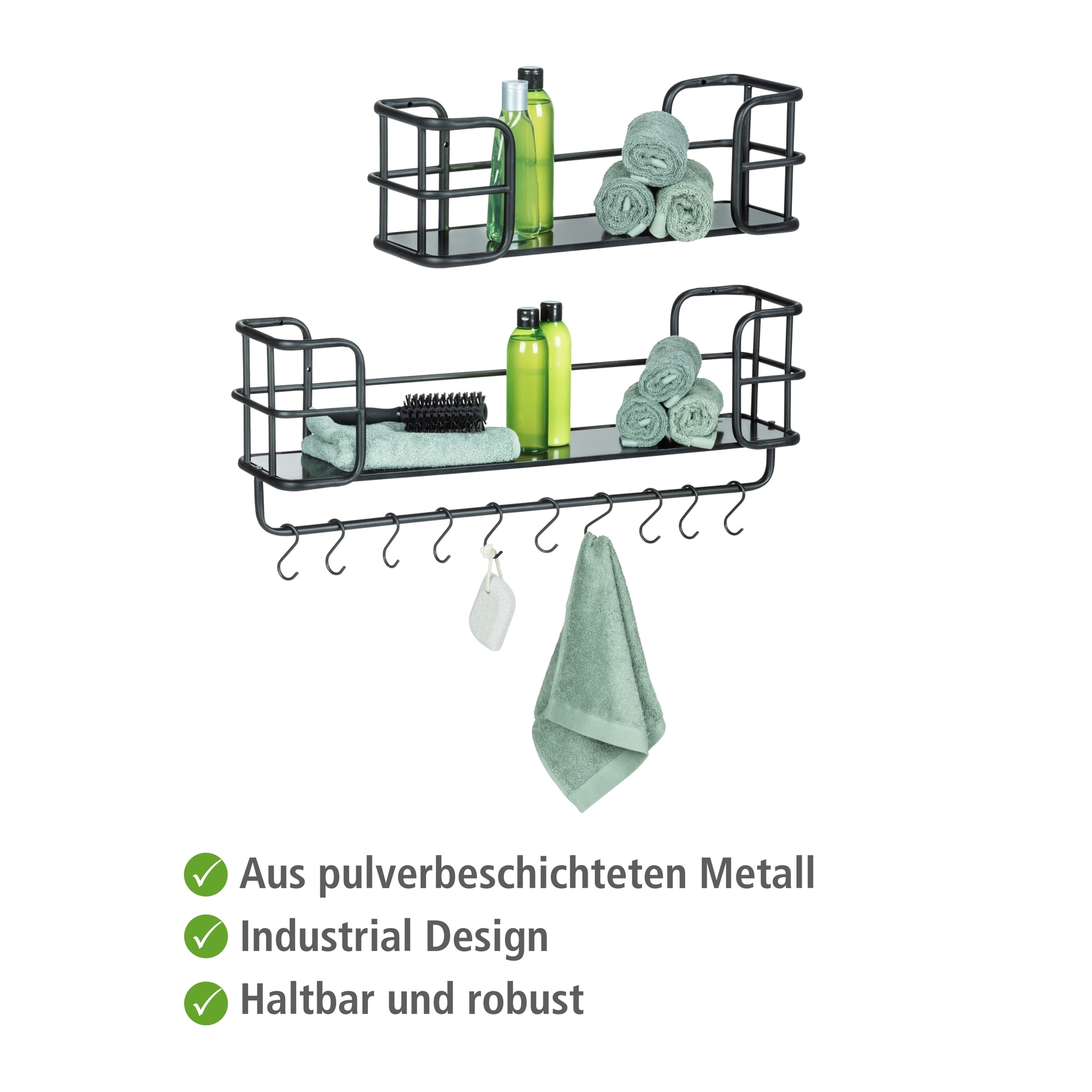 Zwei Wandregale im Industrial Design mit Metallrahmen und Bambusflächen unteres mit Hakenleiste frontal leicht von links