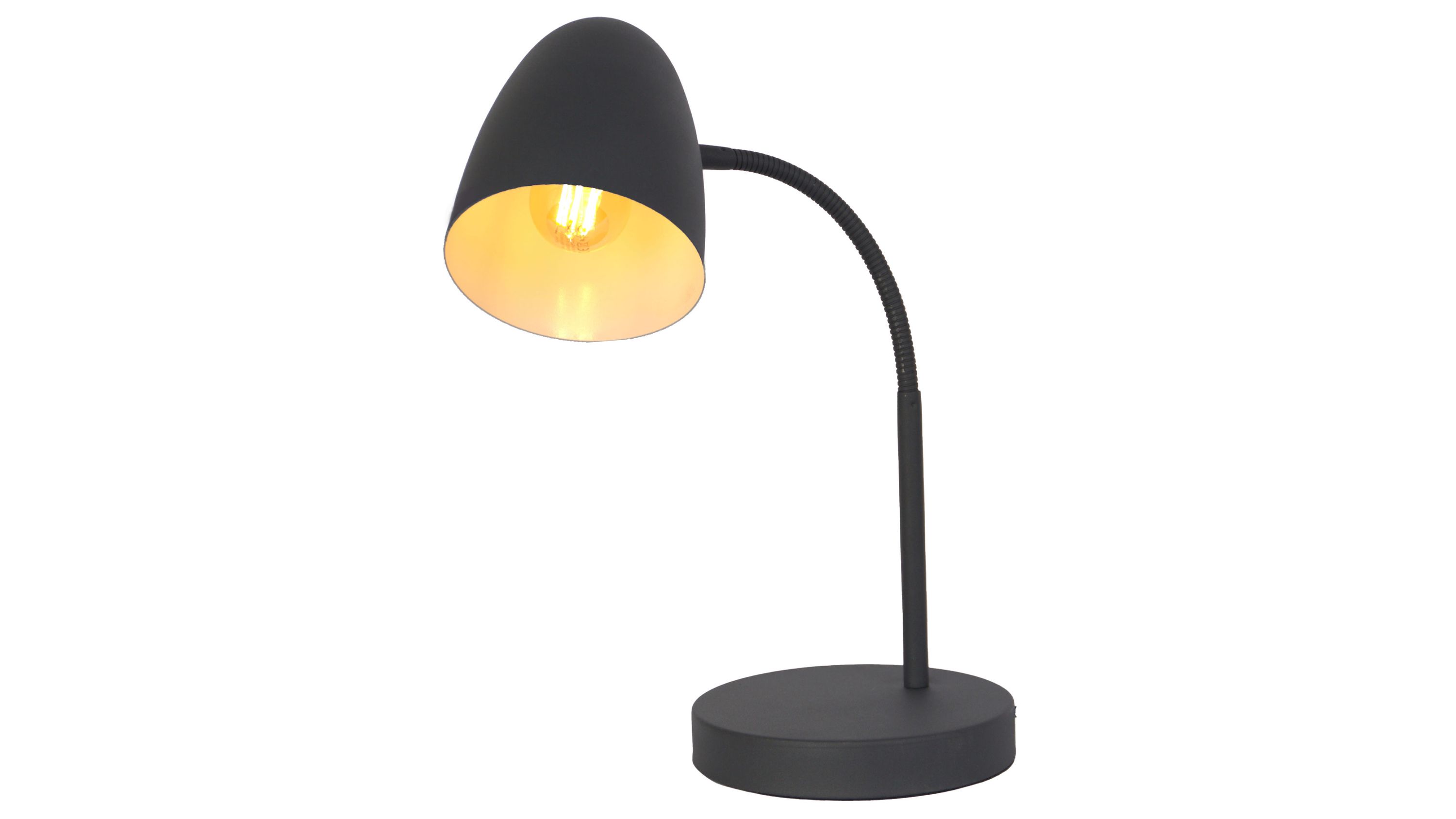 Tischlampe aus schwarzem Metall mit gebogenem Arm Tischlampe mit rundem Sockel und gebogenem Arm aus schwarzem Metall mit schwarzem Lampenschirm