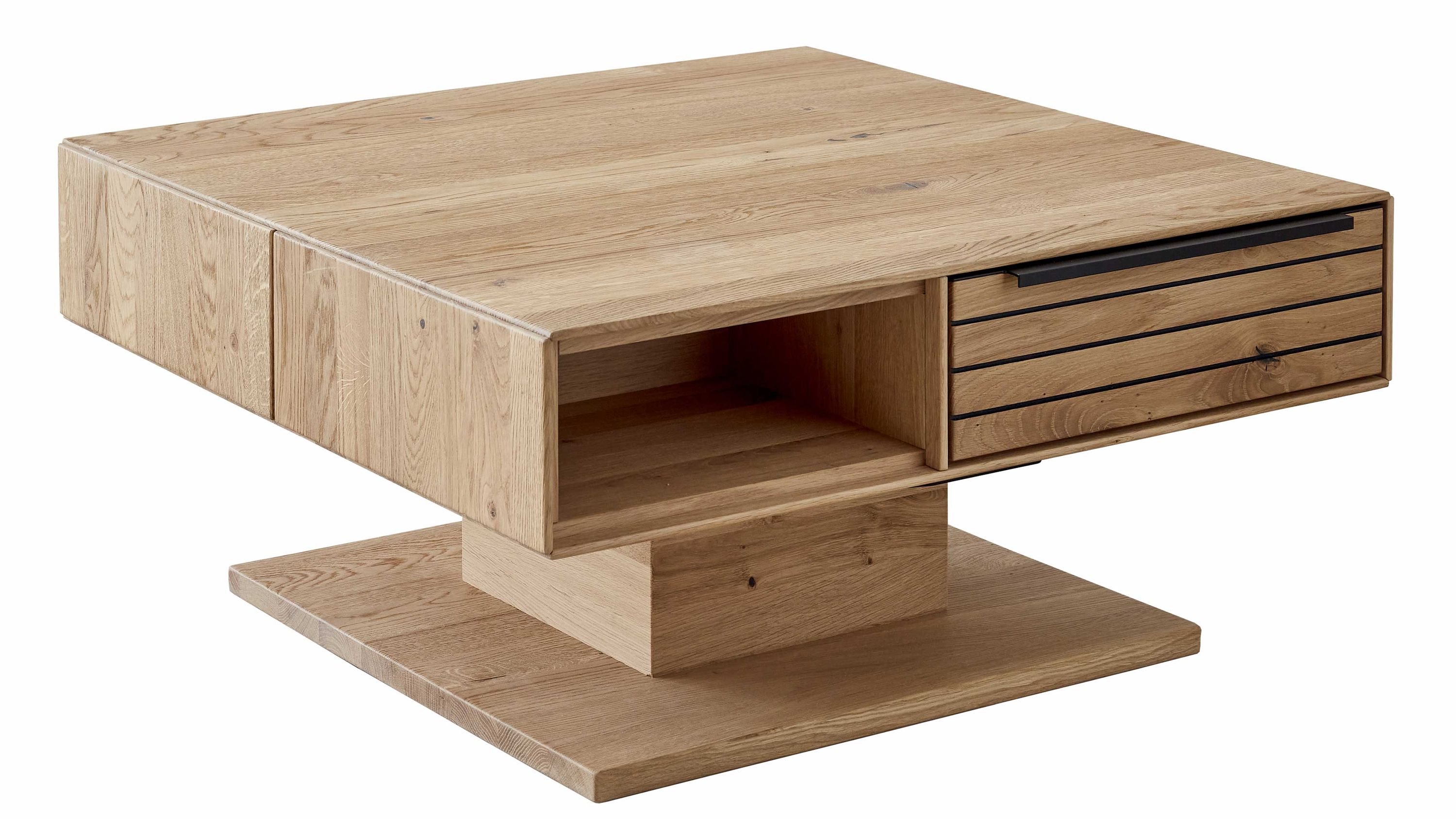 Quadratischer Couchtisch aus hellem Holz mit offener Ablage und Schublade mit Griff