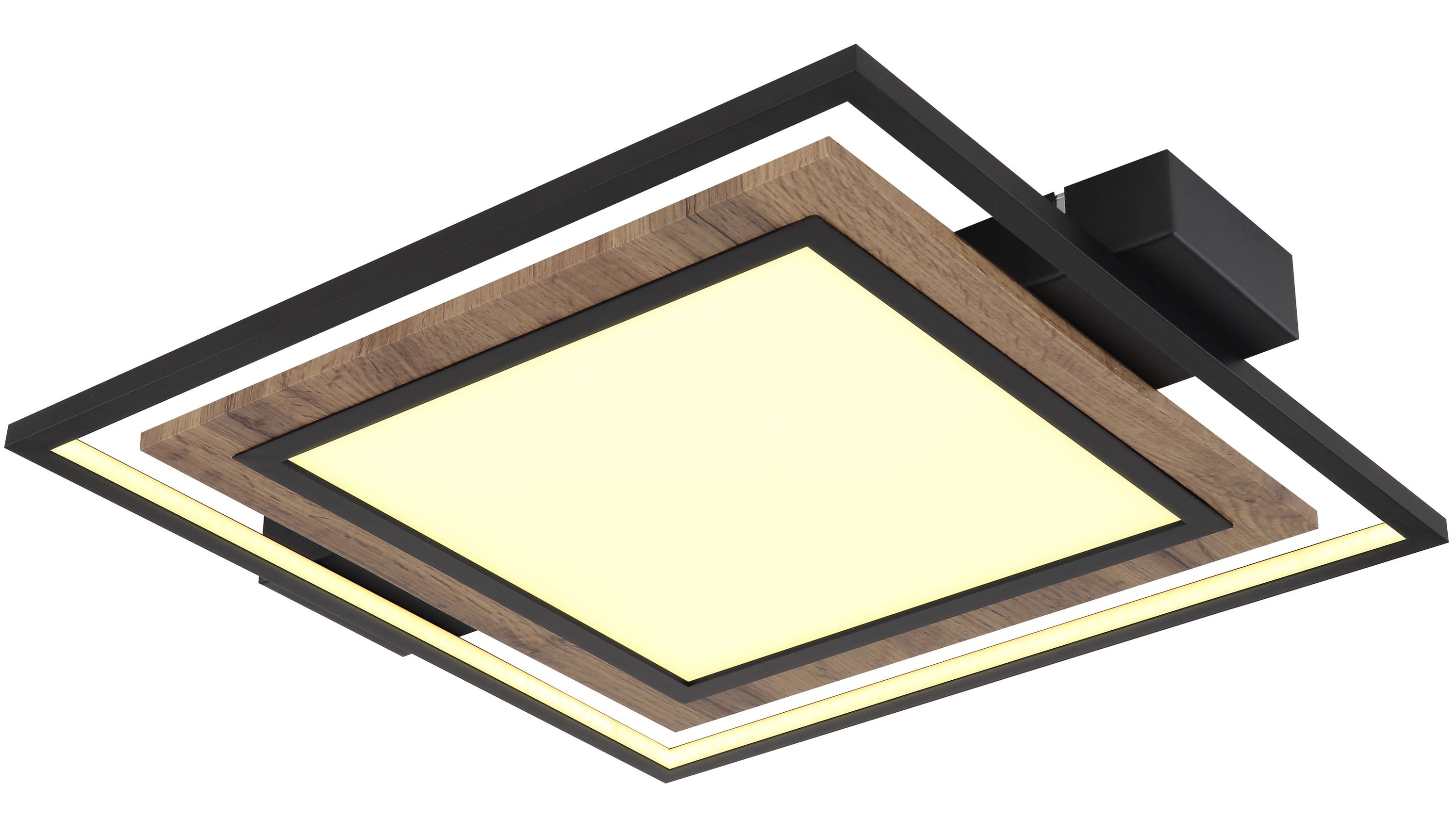 Quadratische Deckenleuchte mit Holz- und schwarzem Rahmen Quadratische Deckenleuchte mit schwarzem Rahmen und mittlerem Holzrahmen mit warmweißem Licht