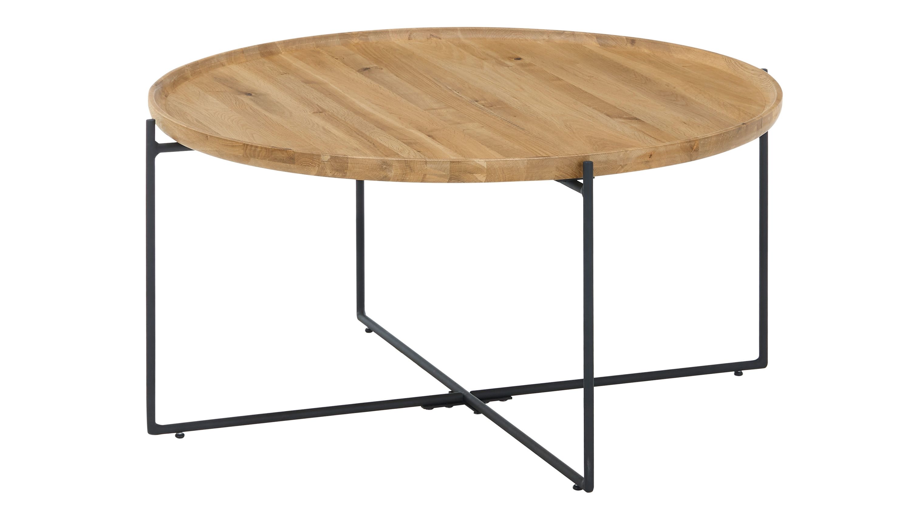 Runder Couchtisch mit hellem Holzplatte und schwarzem Metallgestell