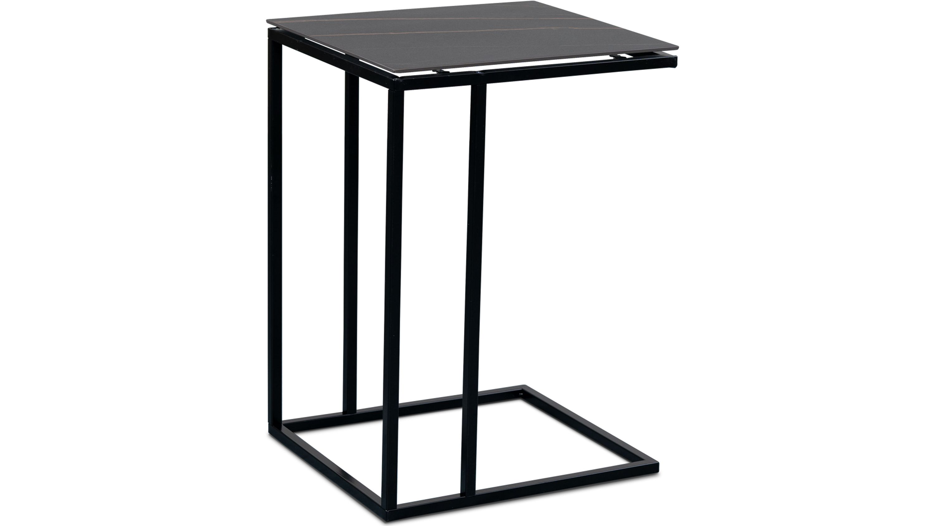 Beistelltisch mit quadratischer grauer Tischplatte und schwarzem Metallgestell