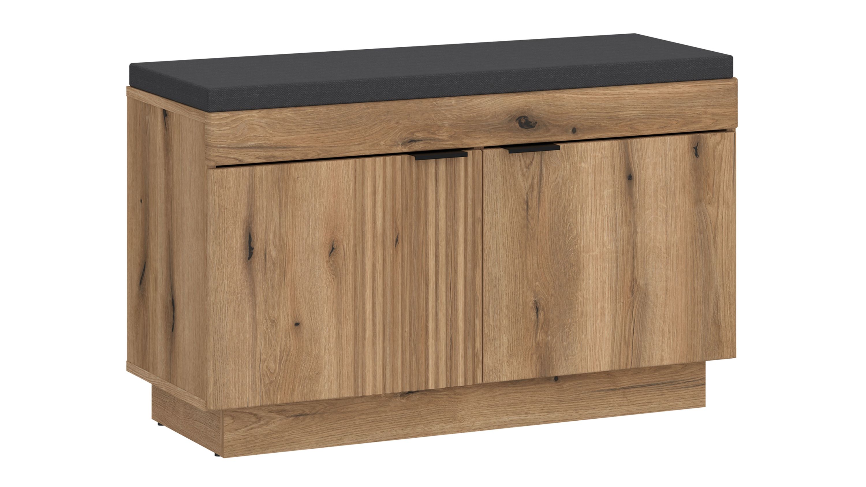 Garderobenbank mit schwarzer Sitzfläche und Holzoptik Garderobenbank mit rechteckiger Sitzfläche in Schwarz und Holzoptik in Braun mit zwei Türen