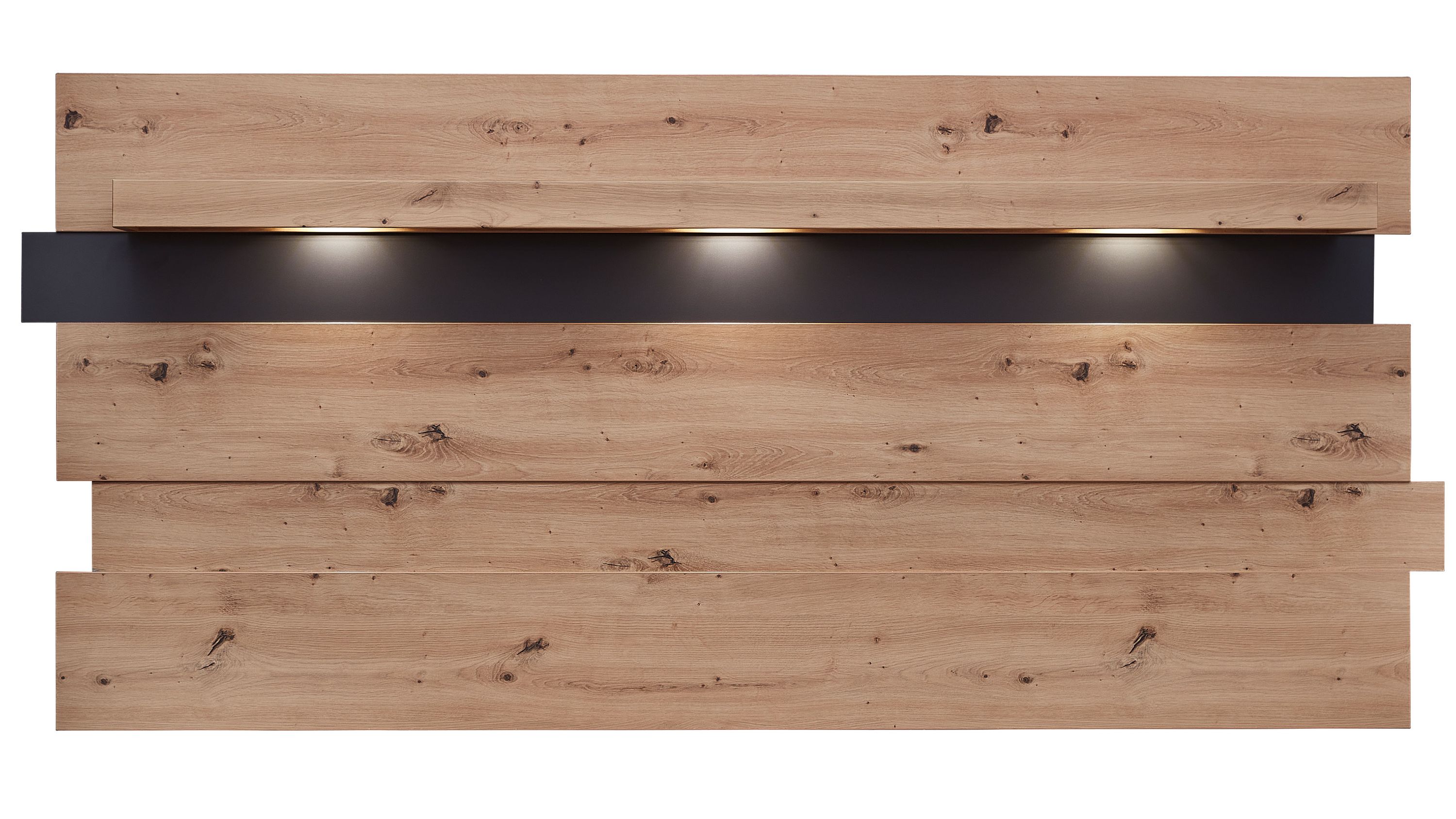 Wandpaneel mit horizontalen Holzplatten in heller Eiche und mittlerer schwarzer Leiste mit integrierter Beleuchtung