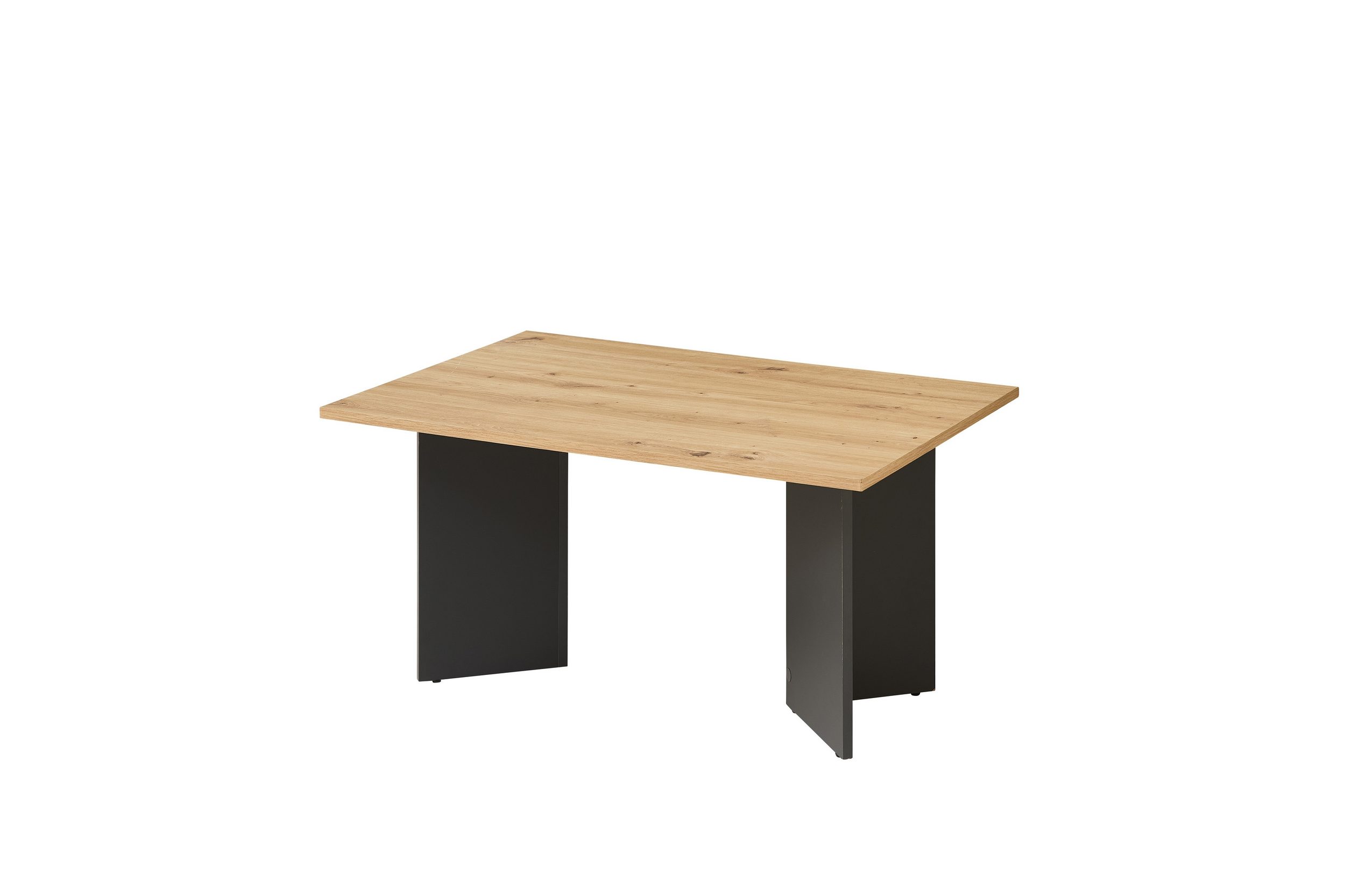 Rechteckiger Couchtisch mit Tischplatte in Artisan-Eiche-Dekor und zwei seitlichen, dunkelgrauen Metallbeinen, modernes minimalistisches Design