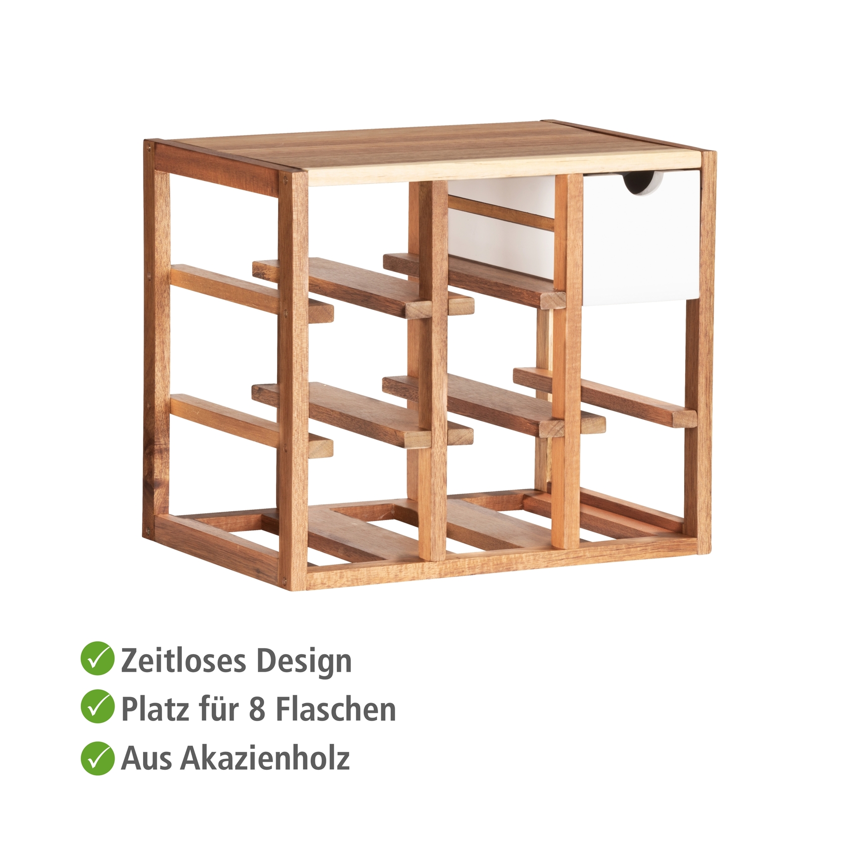 Quadratisches Weinregal mit mehreren Fächern Quadratisches Weinregal aus hellem Holz mit horizontalen Fächern modern frontal leicht von links aufgenommen