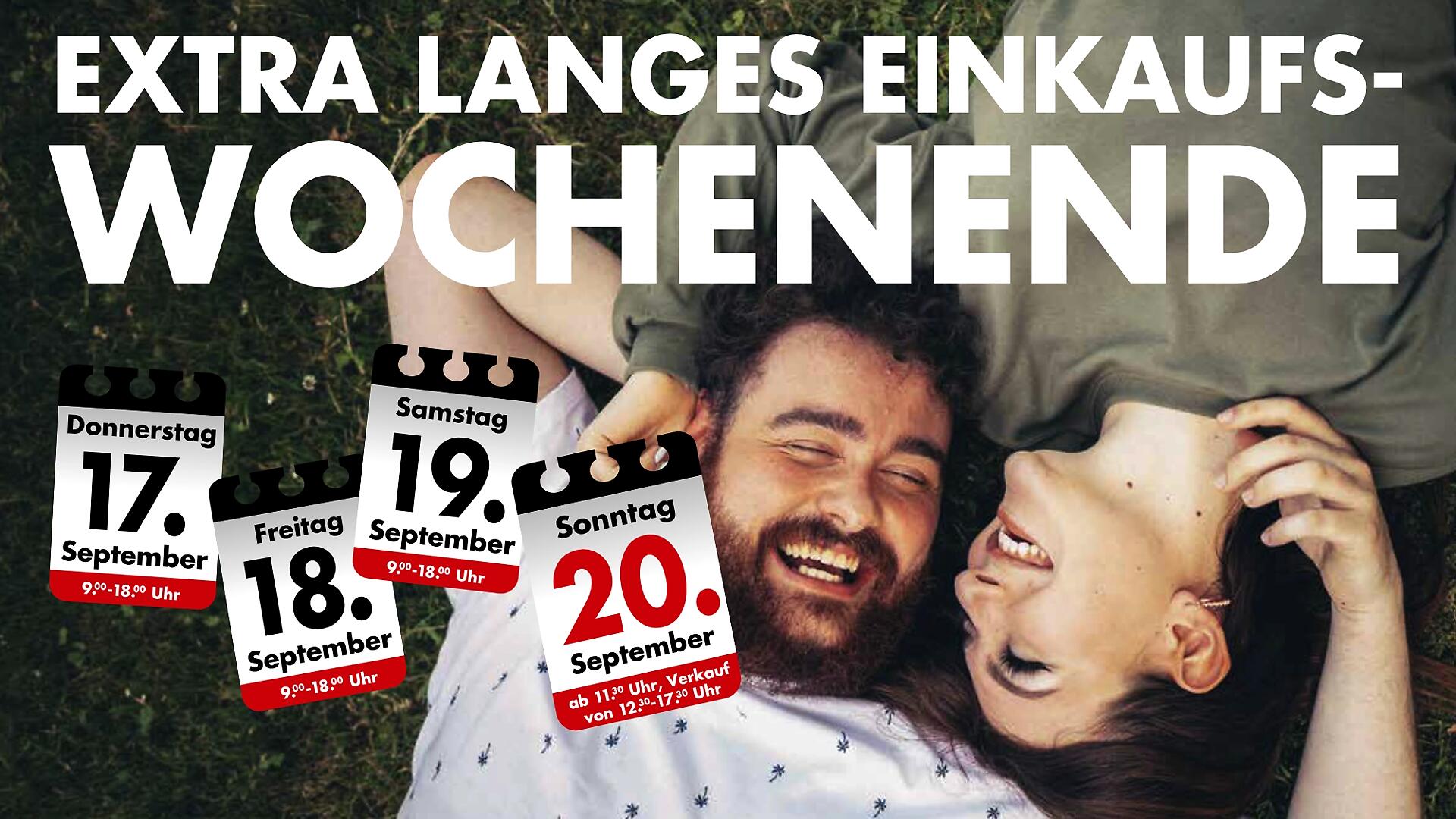 Extra langes Einkaufswochenende vom 17. bis 20. September, Personen liegen auf einer Wiese, Aktionstermine eingeblendet