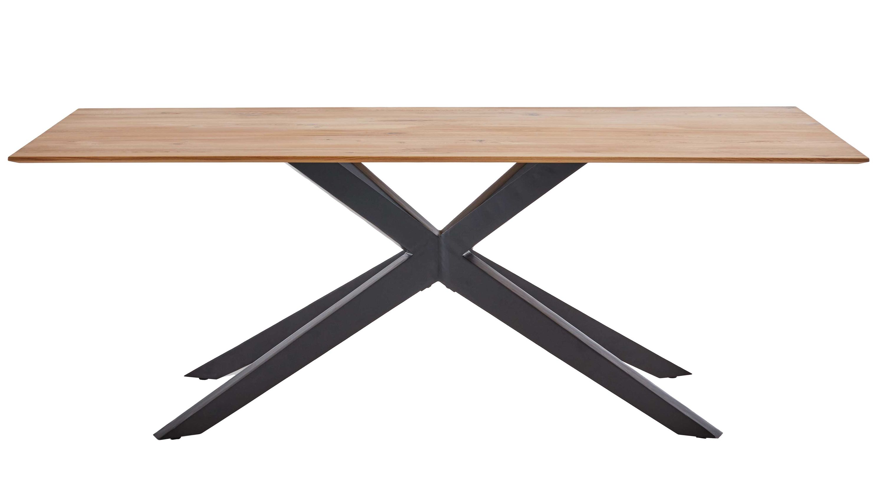 Esstisch mit Holzplatte und schwarzem Metallgestell Rechteckiger Esstisch mit hellem Holzplatten und schwarzem X-förmigem Metallgestell