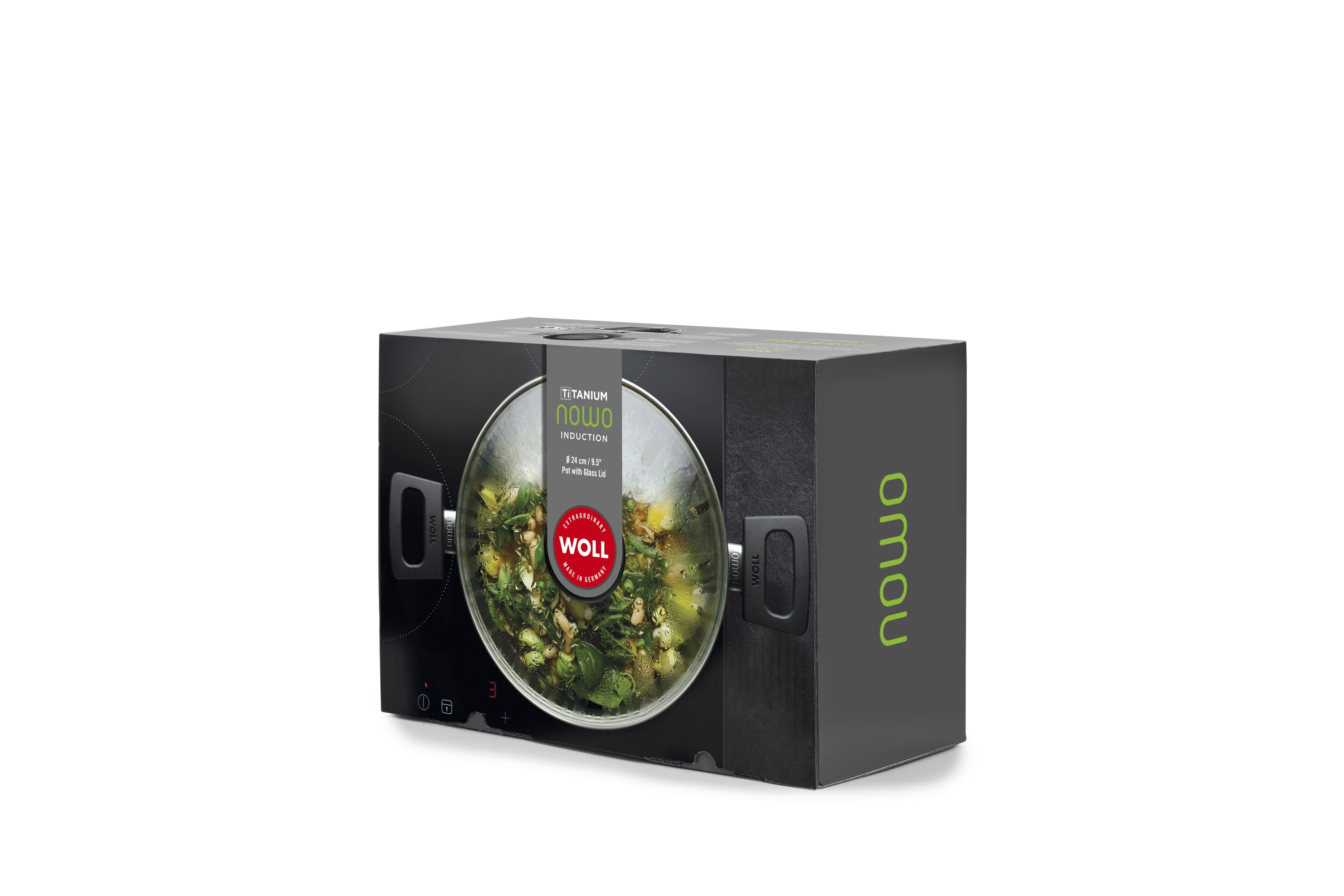 Verpackung eines WOLL NOWO Induction Topfs mit Sichtfenster und grünem Gemüsegericht.
