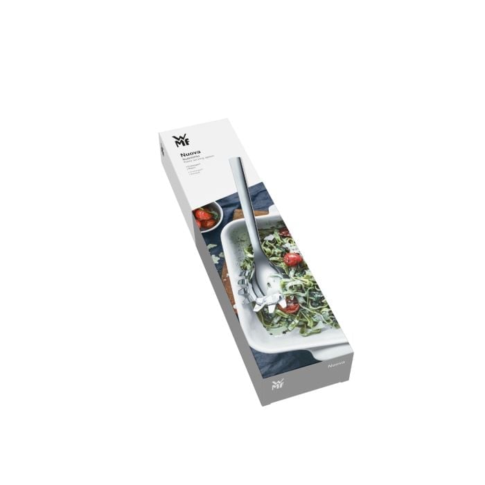 Frontalansicht erhöhte Position silberner Nudellöffel aus Edelstahl geöffnete WMF Serie Nuova Produktverpackung