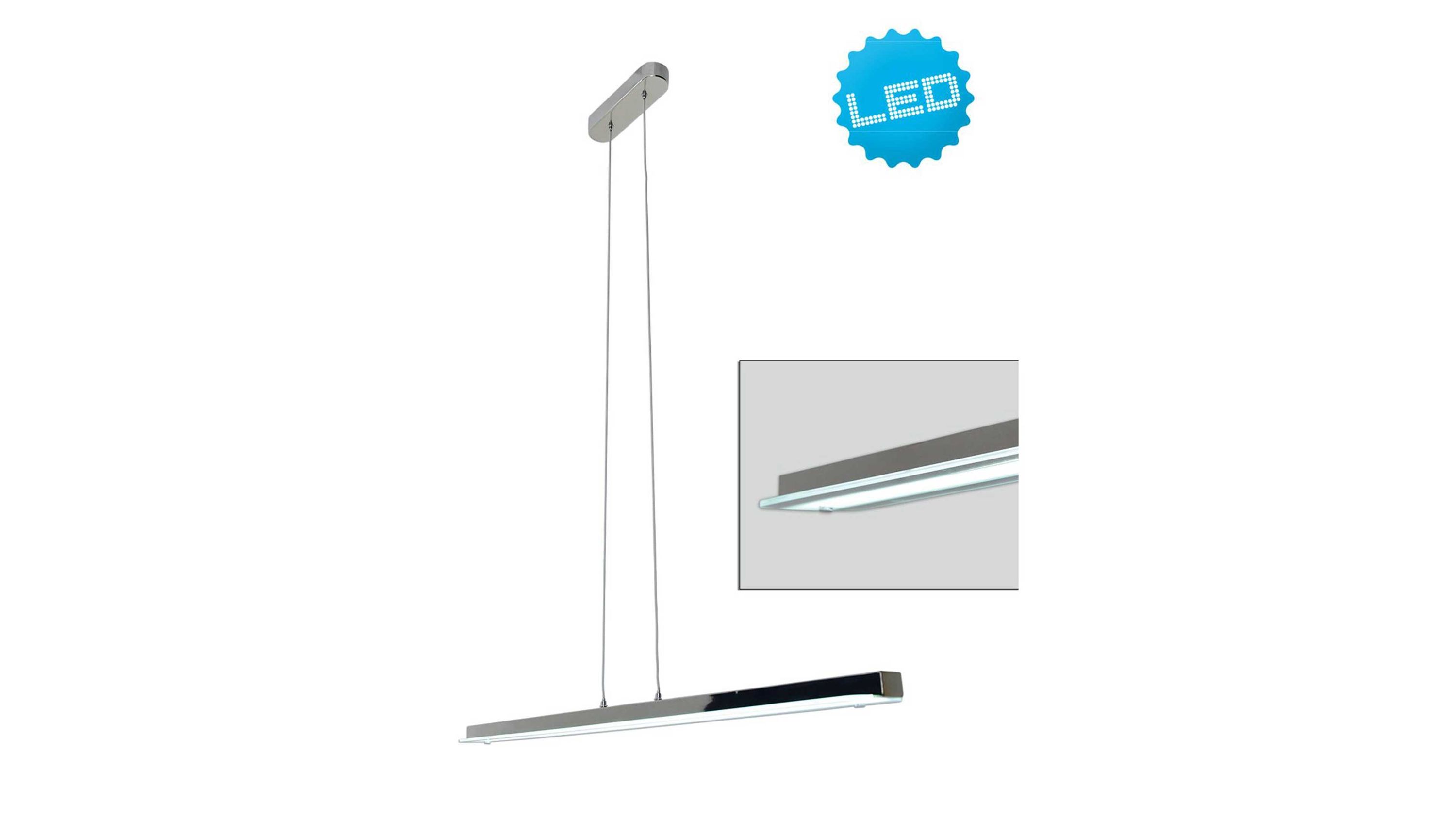LED-Pendellampe mit langem rechteckigem Leuchtkörper in Chrom und Glas hängend an zwei dünnen Kabeln