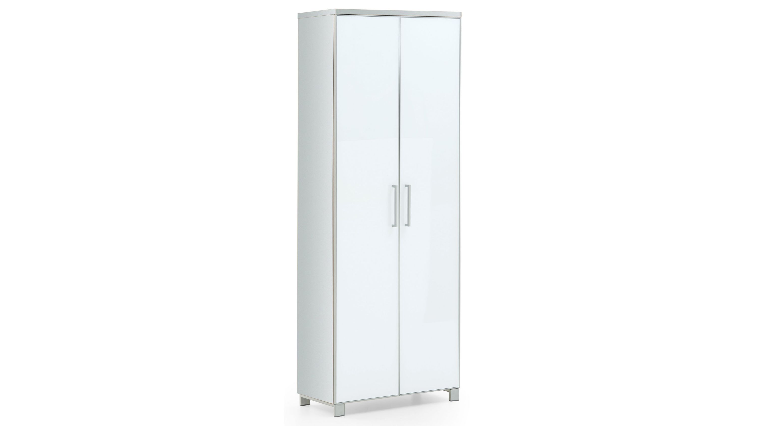 Weißer Garderobenschrank mit zwei Türen und Metallgriffen