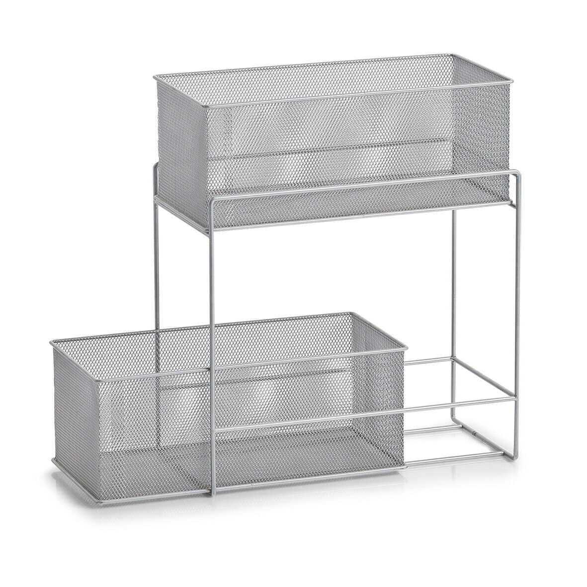 Etagenregal frontal mit zwei Drahtkörben im Metallgestell oben und unten platziert ideal zur Aufbewahrung und Organisation