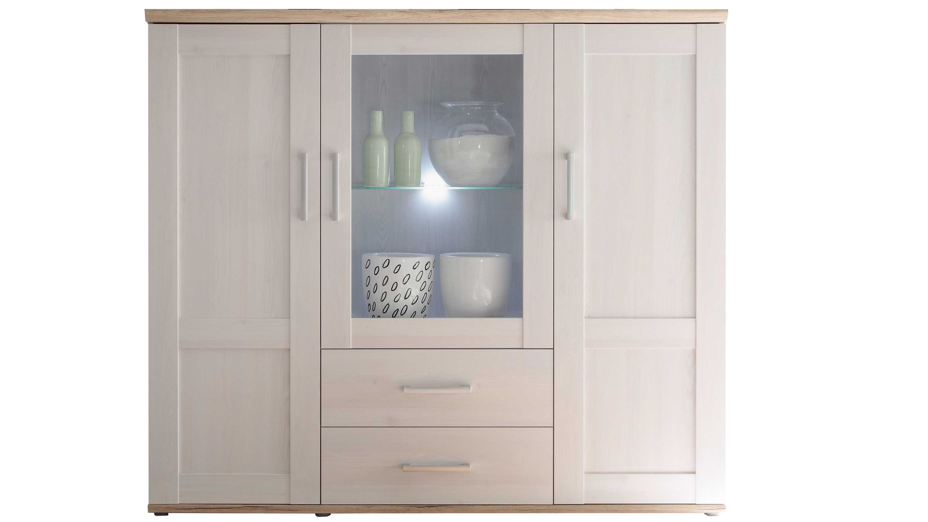Helles Highboard mit Glastür und Schubladen Helles Highboard mit drei Türen zwei Schubladen und mittlerer Glastür mit Beleuchtung