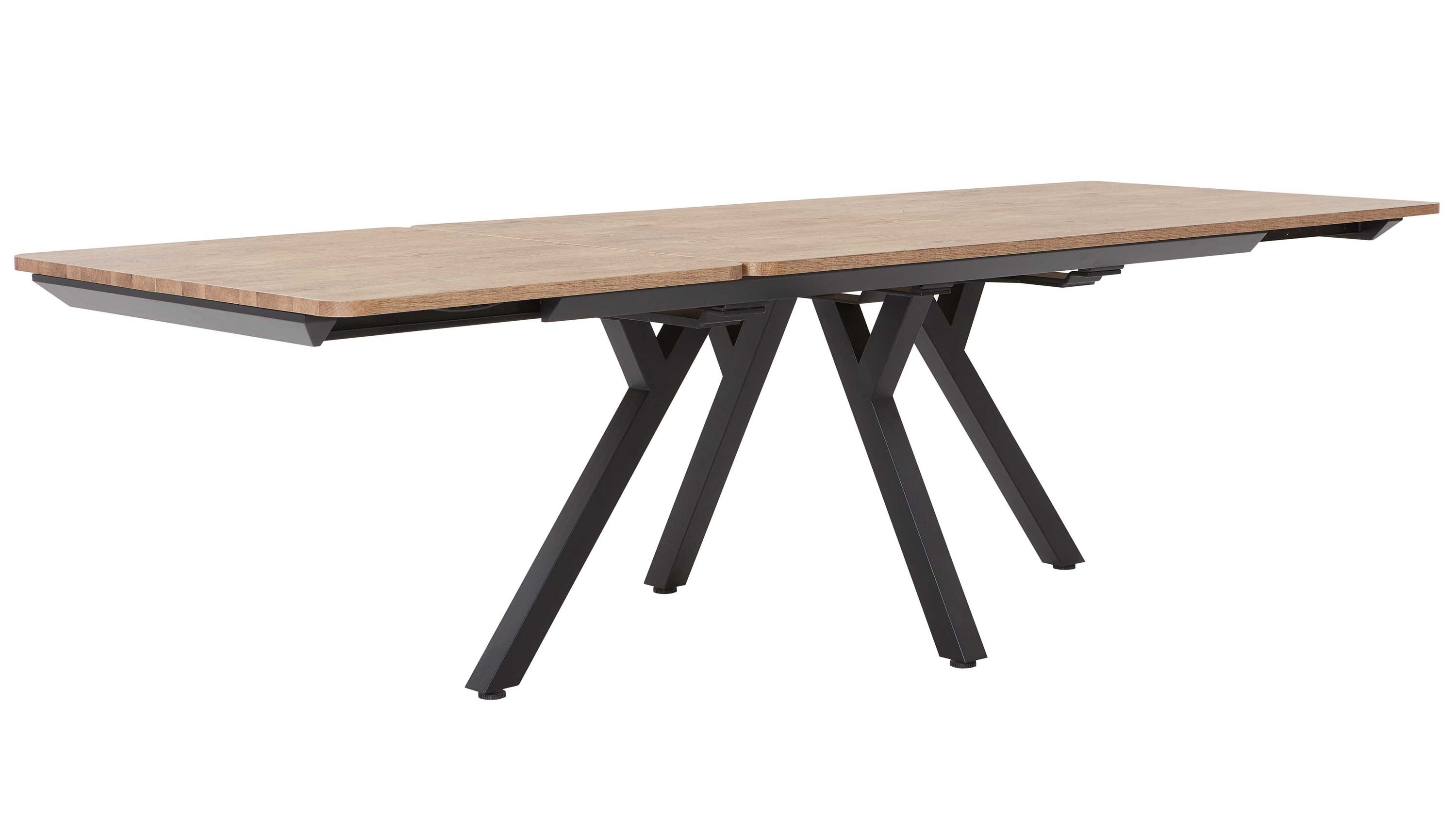 Ausziehtisch mit rechteckiger Holzplatte und schwarzen schrägen Metallbeinen