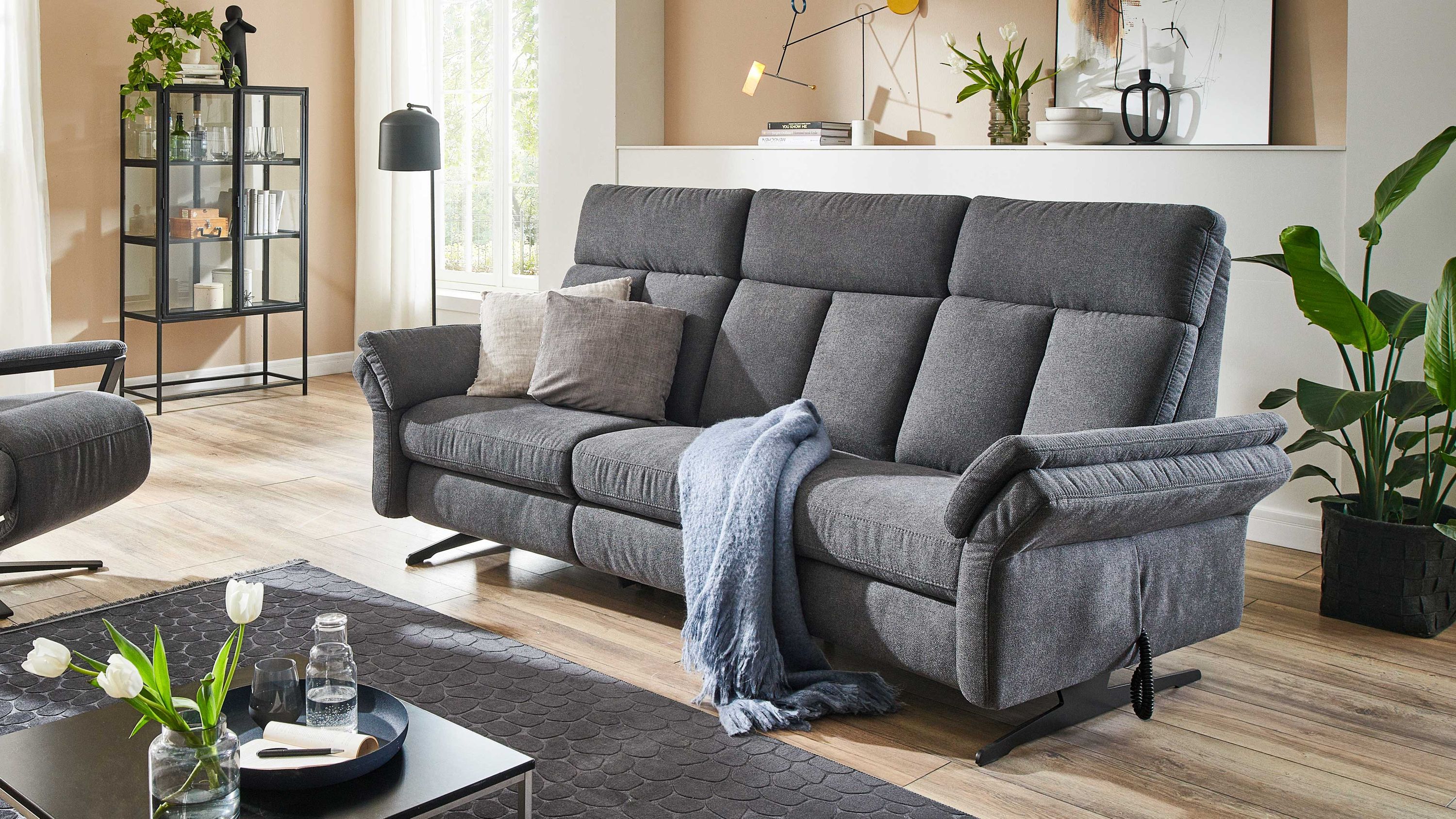 Anthrazitfarbenes Sofa mit Stoffbezug und gepolsterten Armlehnen Anthrazitfarbenes Sofa mit gepolsterten Armlehnen und Rückenlehnen in modernem Wohnzimmer