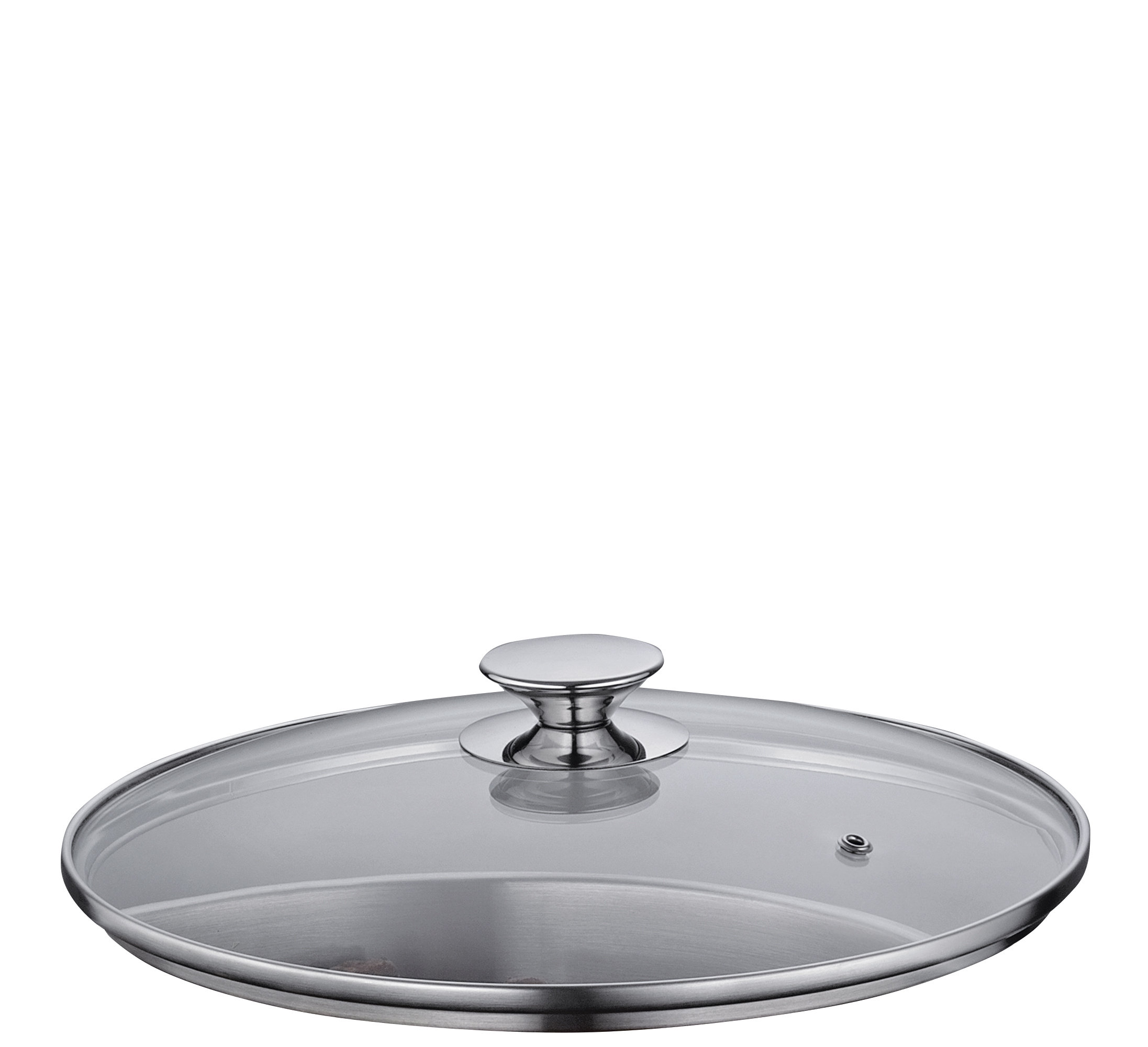 Runder Topfdeckel mit Glasfläche und Metallrand mit Griff in Silber