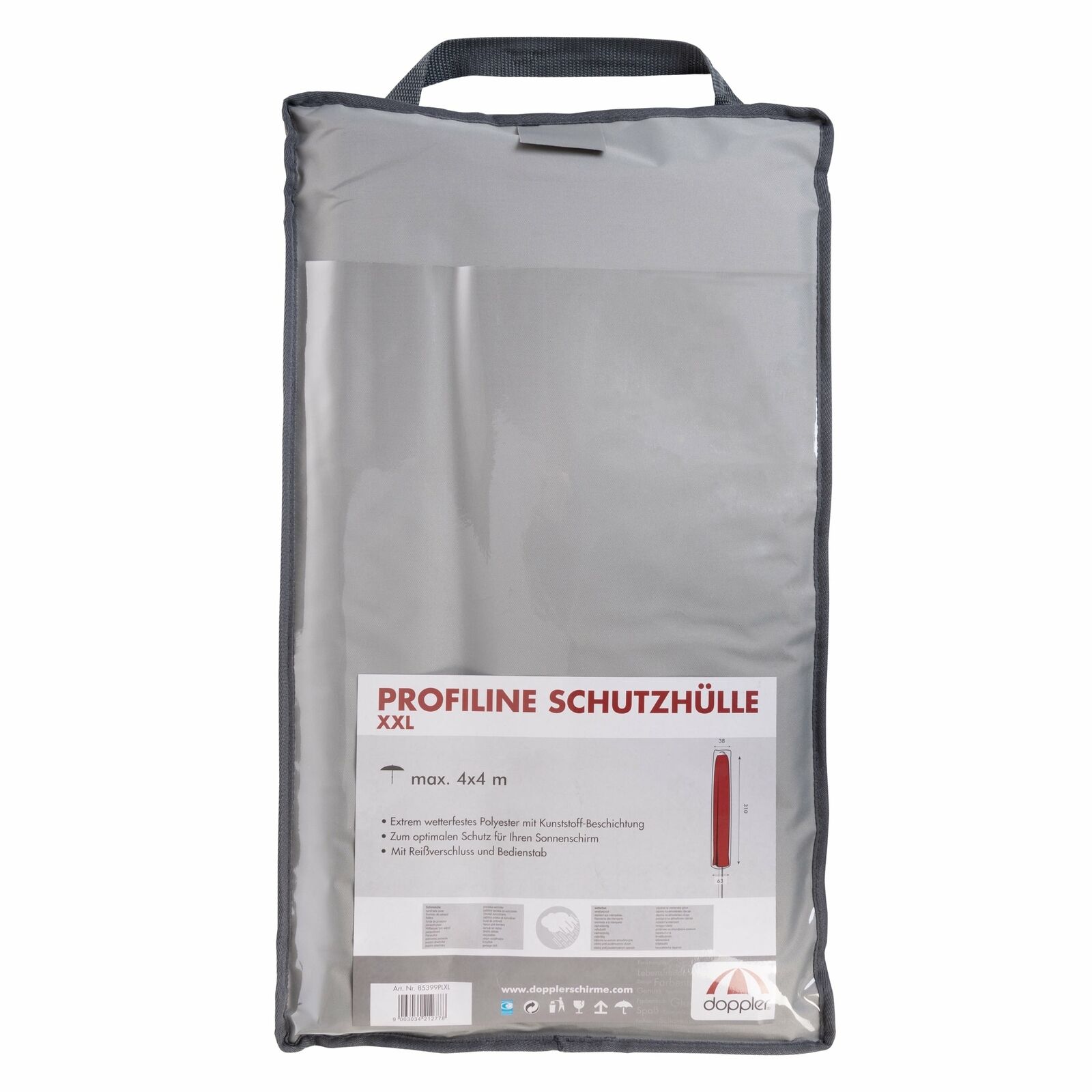 Graue Schirmhülle Doppler Profi Line mit Reißverschluss und Einführstab  geeignet für Großschirme bis 500?cm