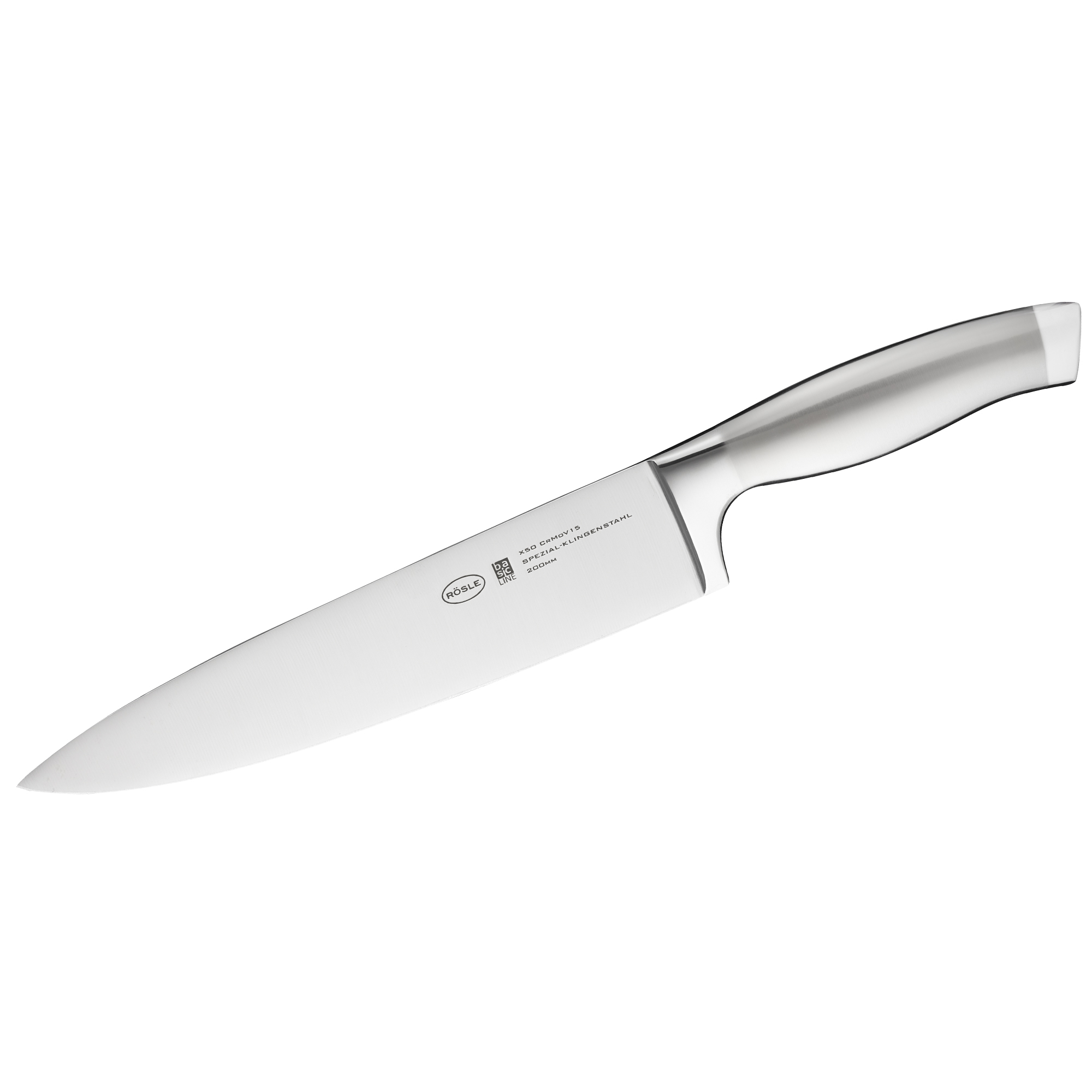 Kochmesser aus silberfarbenem Edelstahl mit glatter mittelspitzer Klinge ergonomischer Edelstahlgriff