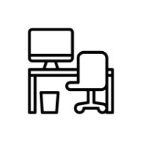Icon eines Schreibtischs mit Stuhl und Lampe als Symbol für Büroeinrichtung. Icon eines Schreibtischs mit Stuhl und Lampe als Symbol für Büroeinrichtung.