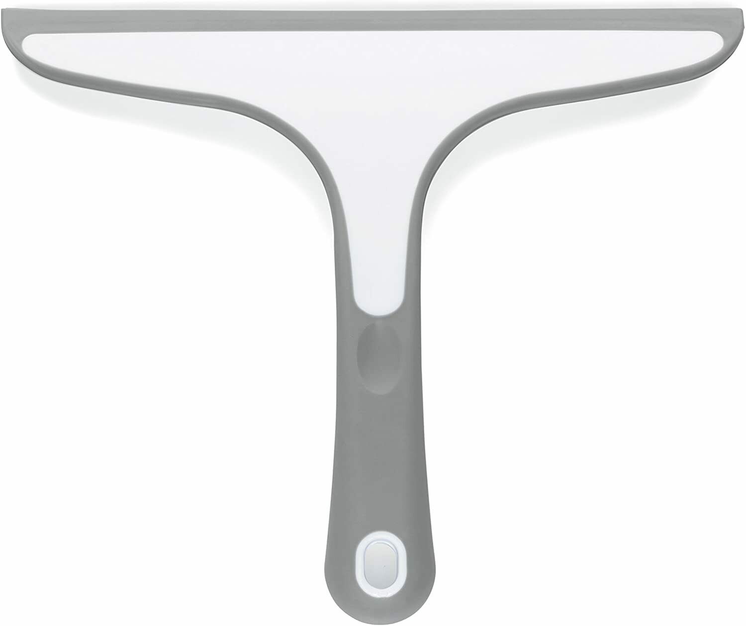 Ein grauer Fensterabzieher mit ergonomischem Griff und breiter Gummilippe, frontal fotografiert.