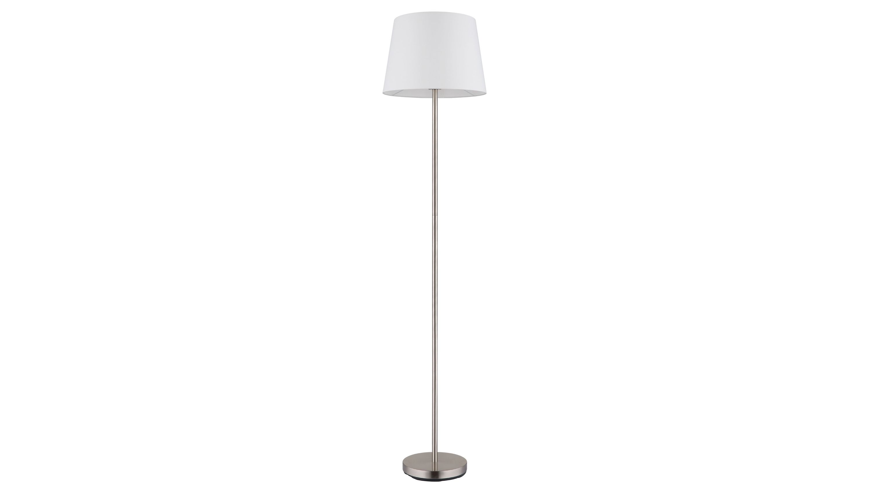 Stehlampe mit weißem Lampenschirm und nickelfarbenem Gestell Stehlampe mit rundem Sockel dünnem Stab und weißem konischem Lampenschirm