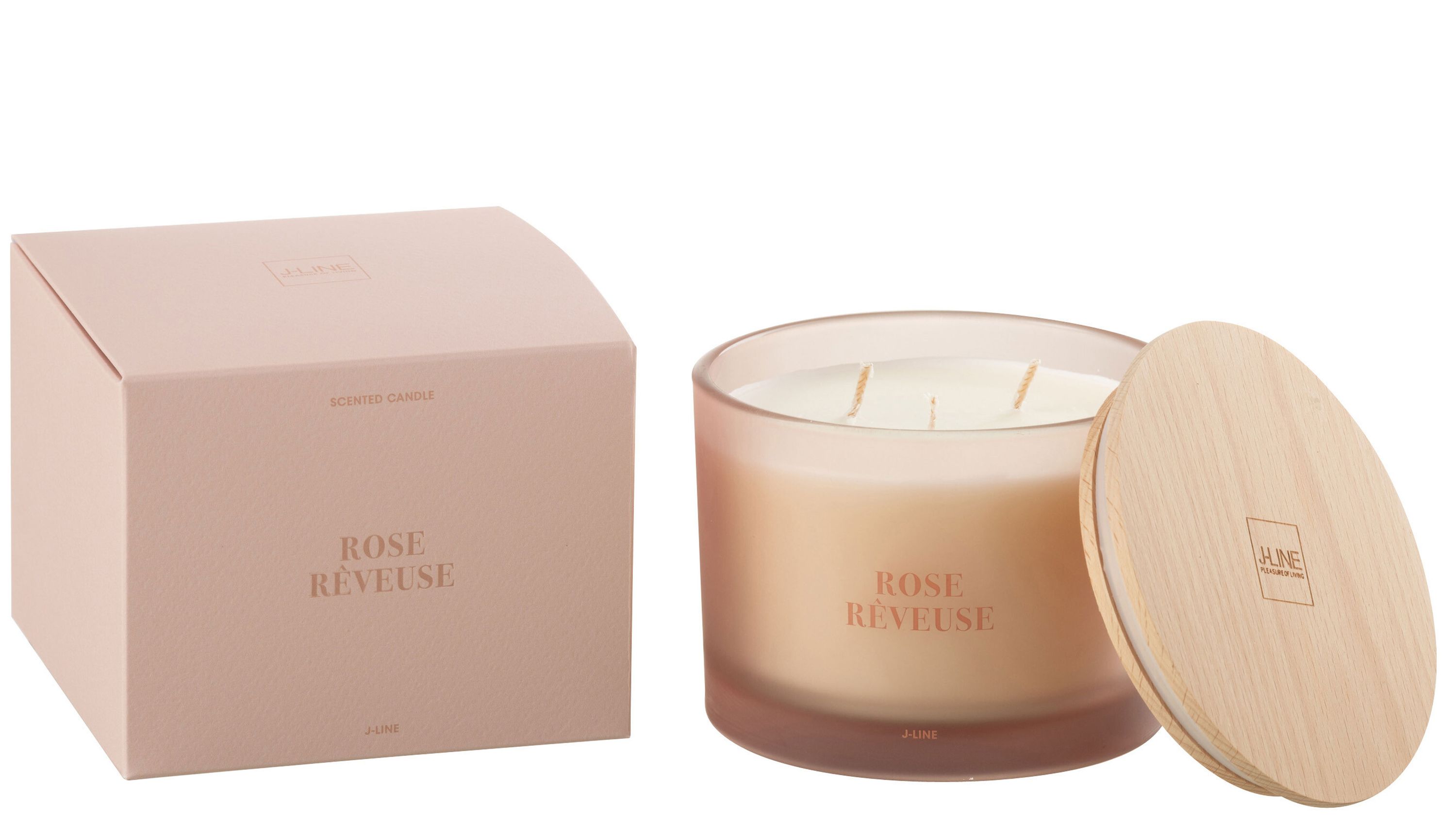 Runde Duftkerze in rosa Glas mit drei Dochten und Holzdeckel neben rosa Verpackung
