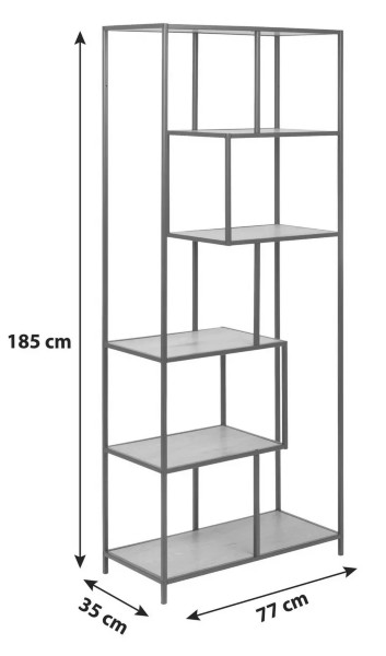 Maßzeichnung eines Bücherregals mit 185 5?cm Höhe  77?cm Breite und 35?cm Tiefe im Industrie Design aus Metall und Holz