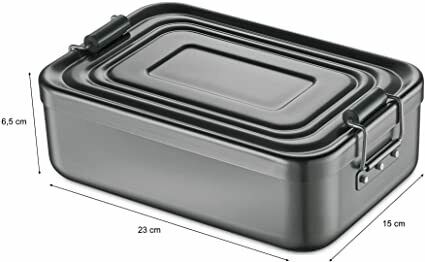 Anthrazitfarbene Lunchbox mit Clipverschlüssen, rechteckig, Maße 23x15x6,5 cm, auf weißem Hintergrund gezeigt