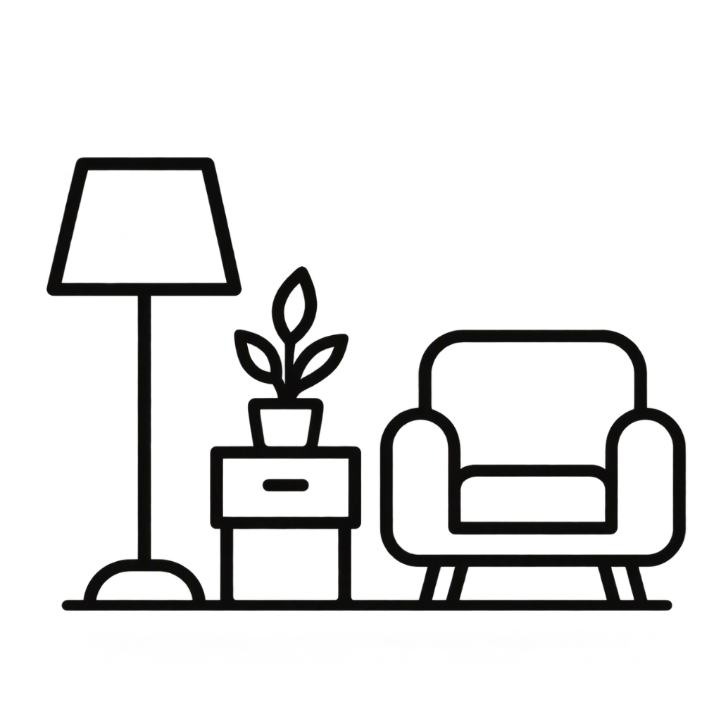 Icon mit Sessel, Lampe und Pflanze