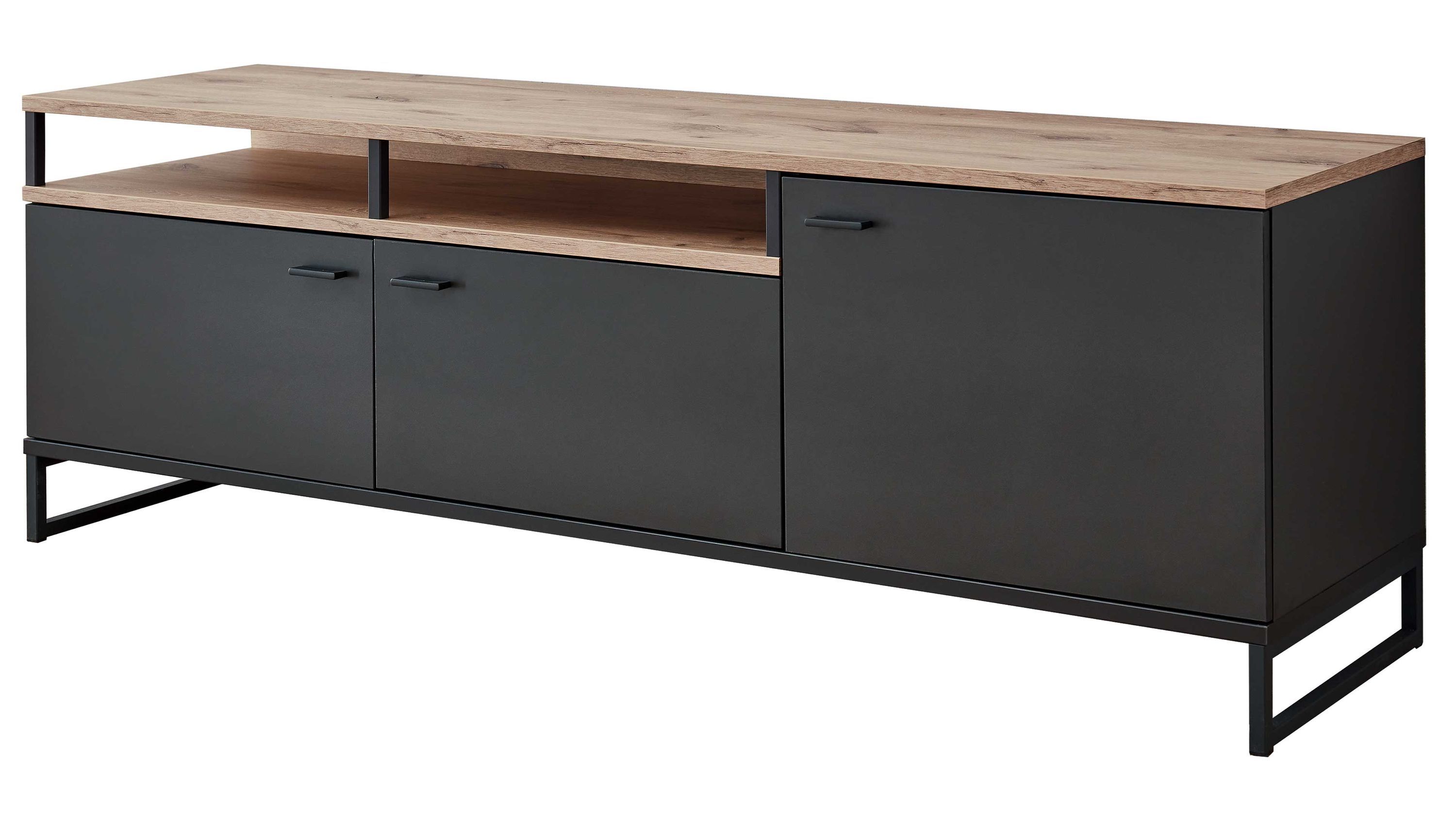 Lowboard mit drei Türen in dunkelgrau und Holzoptik Lowboard mit drei Türen in dunkelgrau und Holzoptik mit offener Ablagefläche