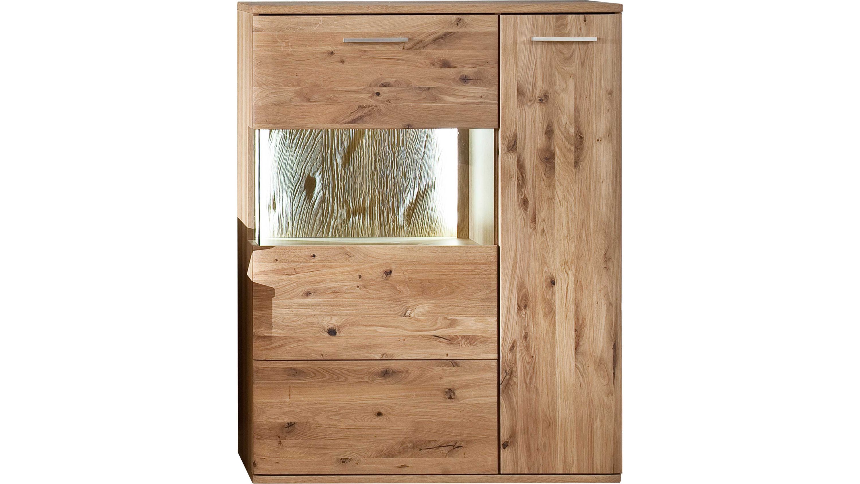 Highboard mit zwei Türen und einer beleuchteten Glasfläche in Holzoptik