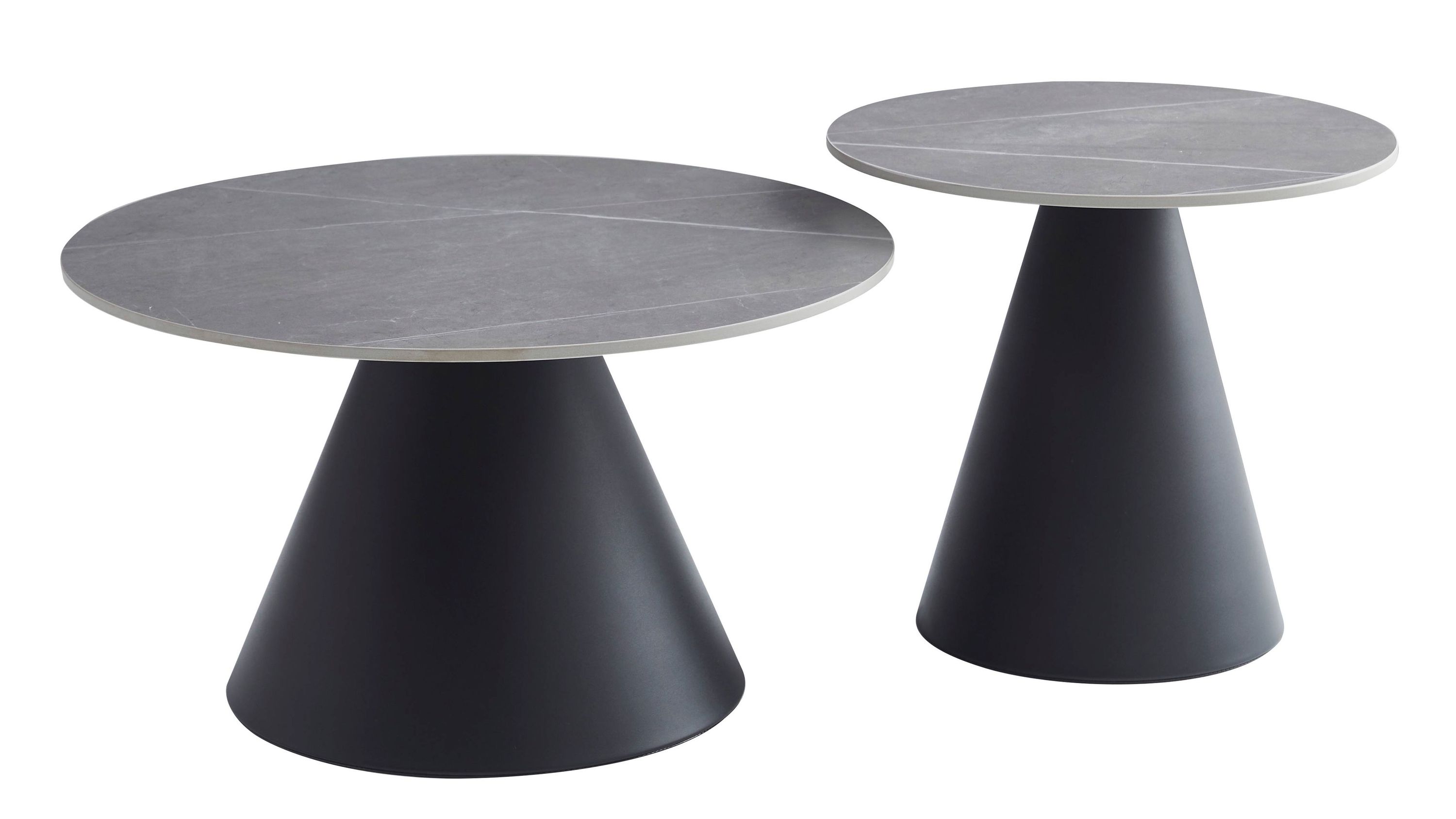 Zwei runde Couchtische mit grauen Tischplatten und schwarzen konischen Metallfüßen