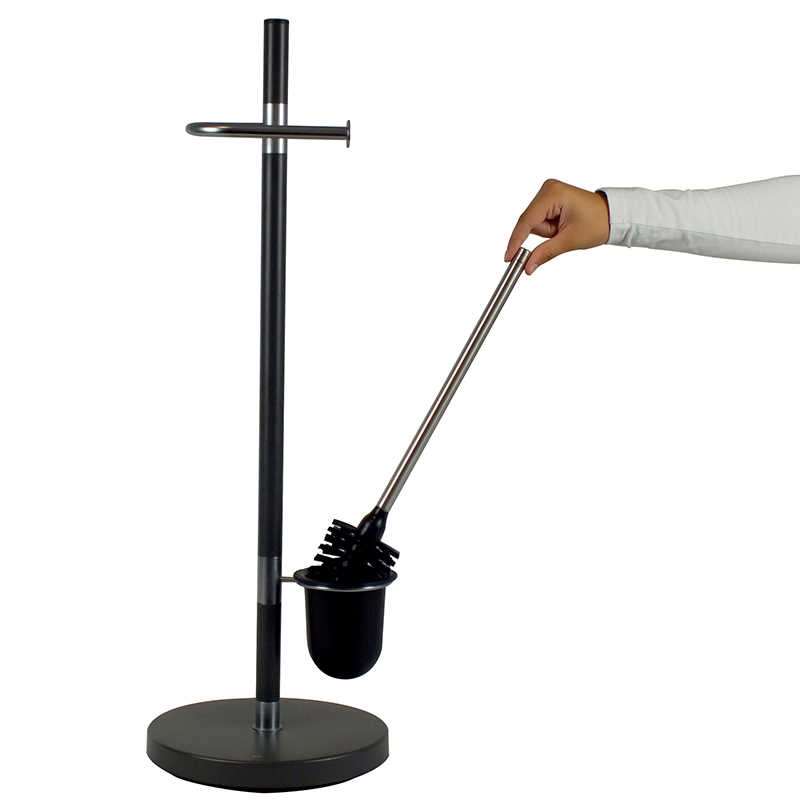 Hand mit Stange neben Halterung Hand hält Stange mit schwarzem Element neben vertikalem Ständer mit Querstrebe, seitlich fotografiert