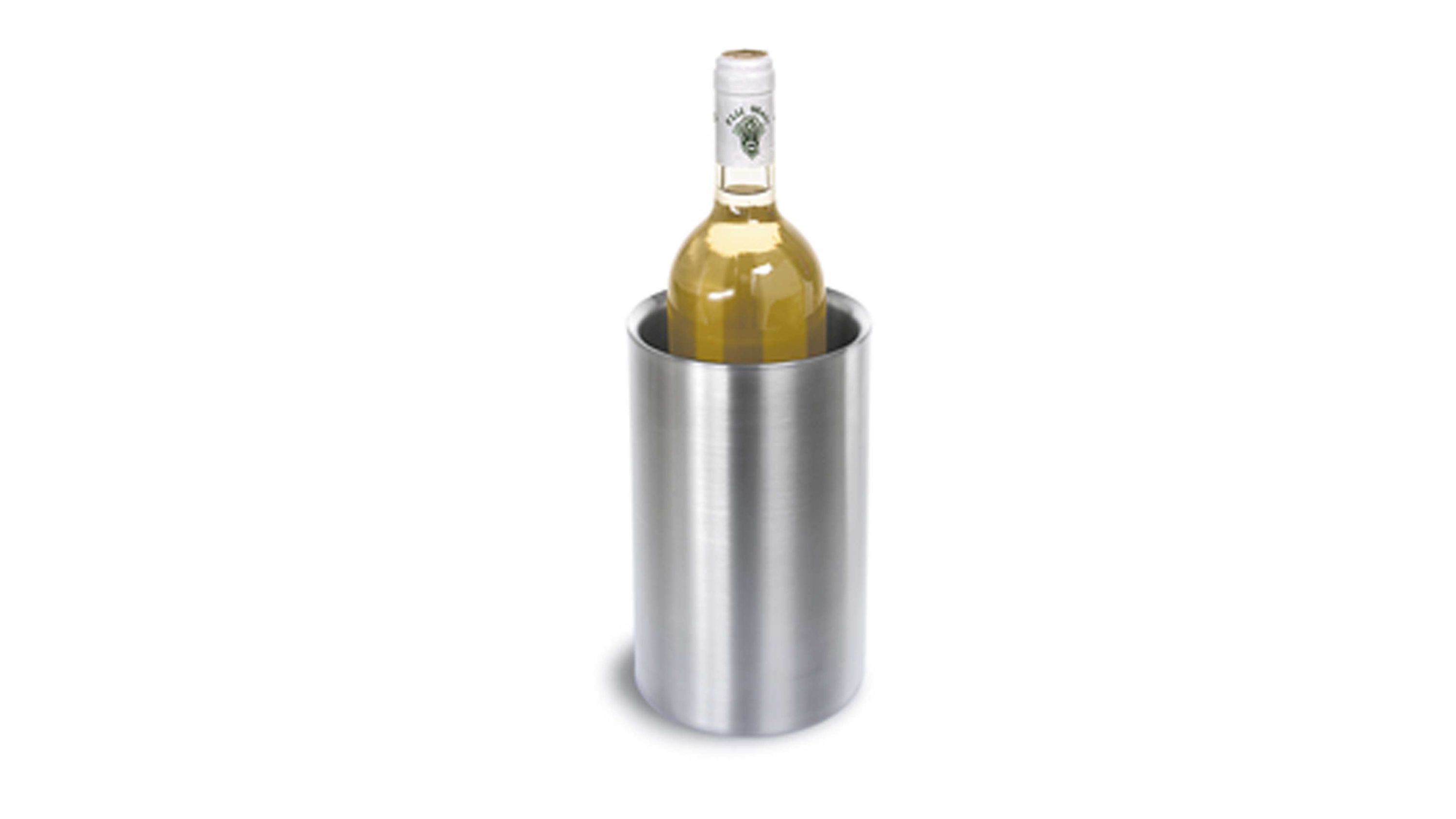 Runder Sektkühler aus Edelstahl mit einer Flasche Weißwein darin